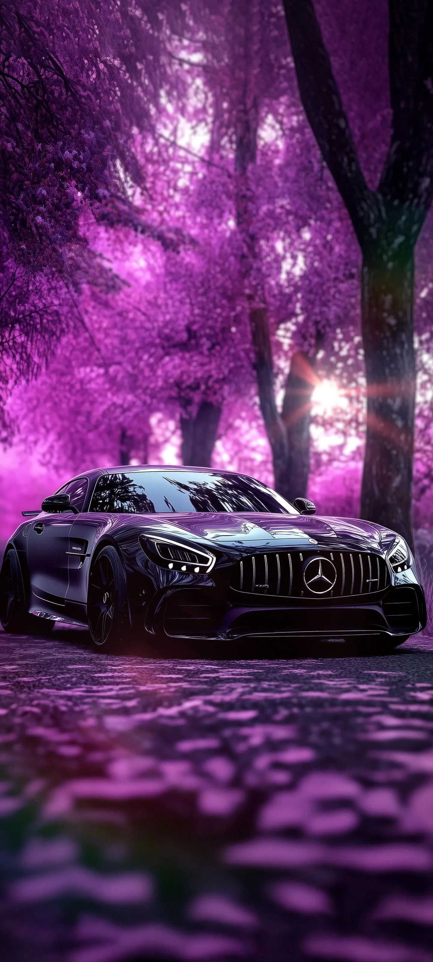 Futuristic Purple Car in Neon Cyberpunk Street Wallpaper