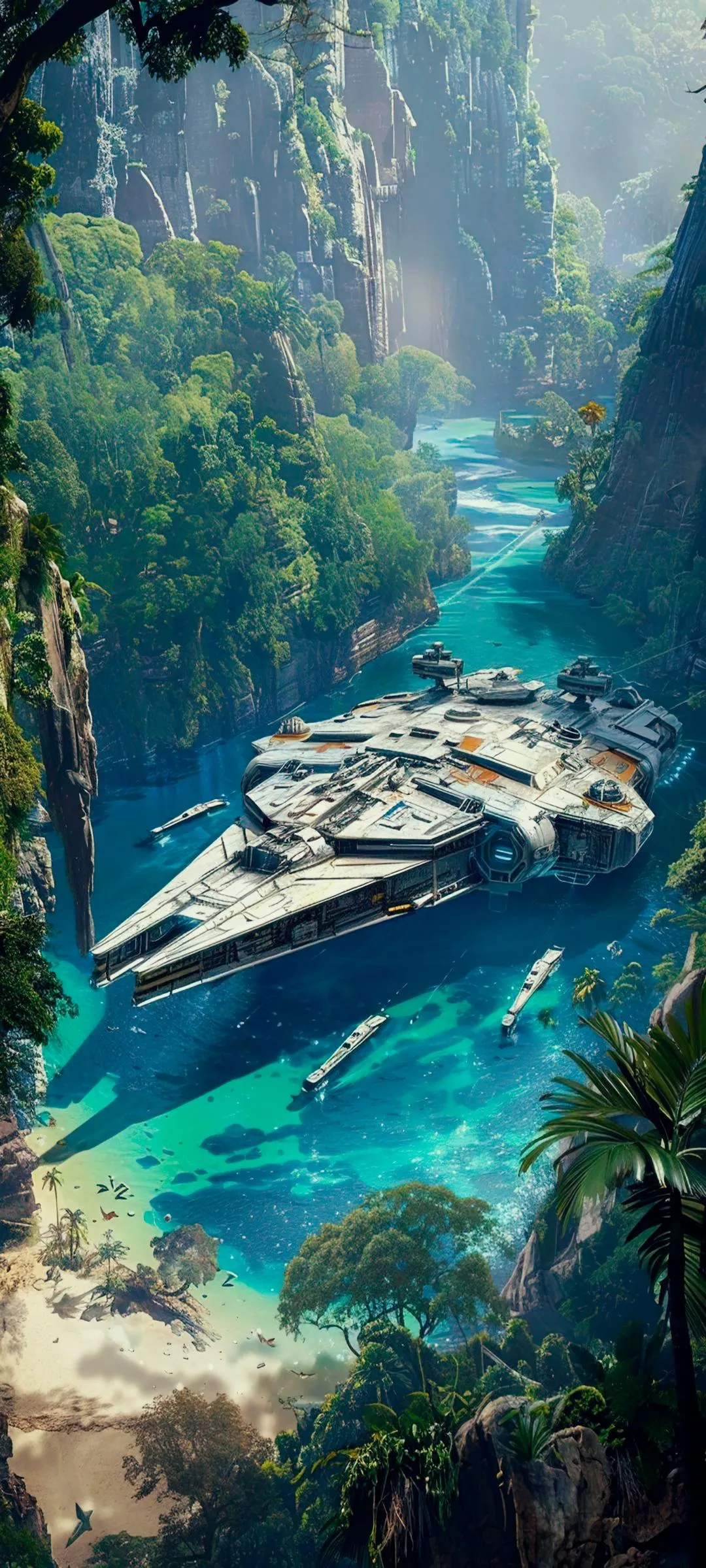 Futuristic Ship Flying Over Beautiful Tropical Bay