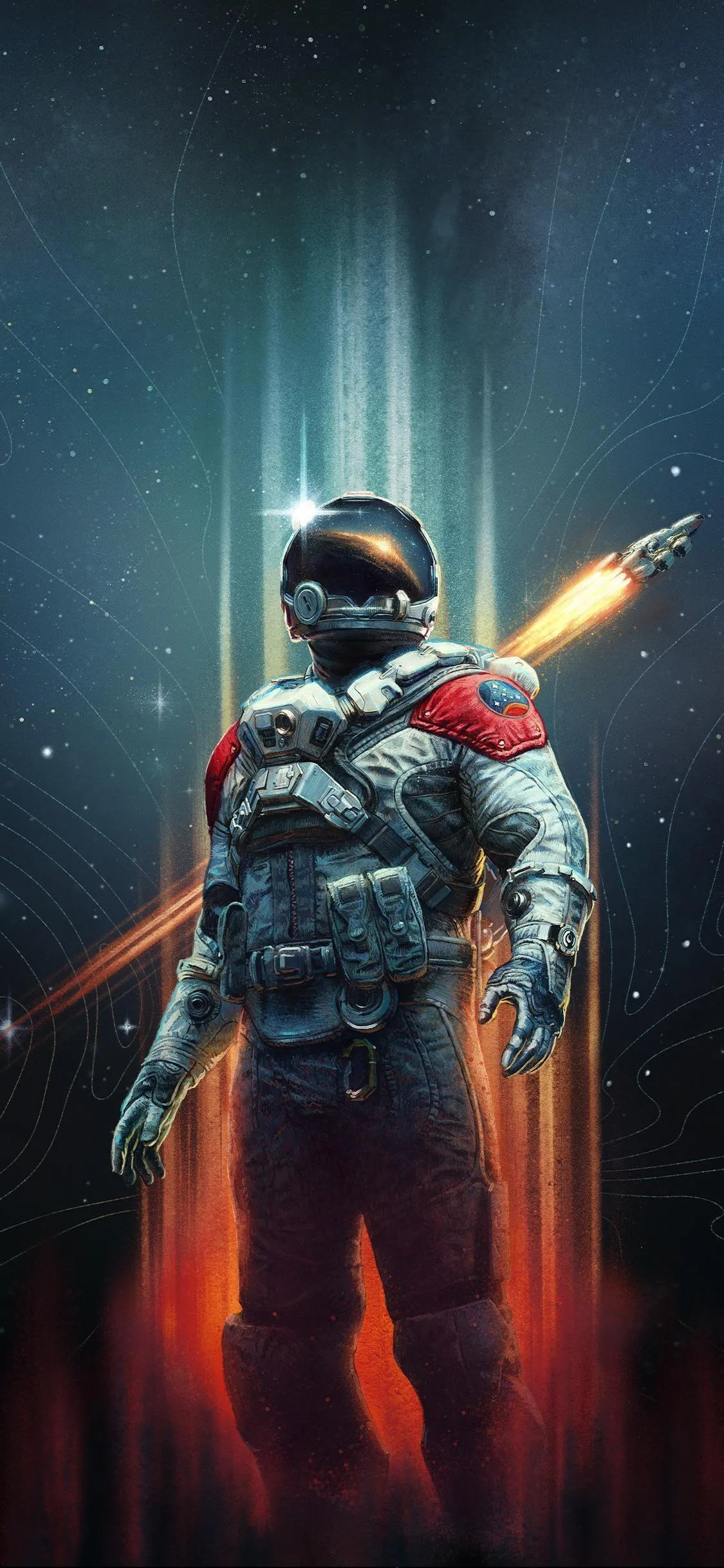 Futuristic soldier with glowing light and dark dramatic sky