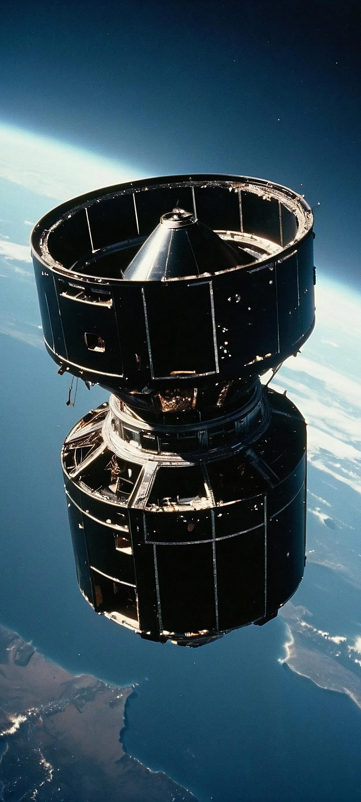 Futuristic Space Satellite Floating Over Blue Earth