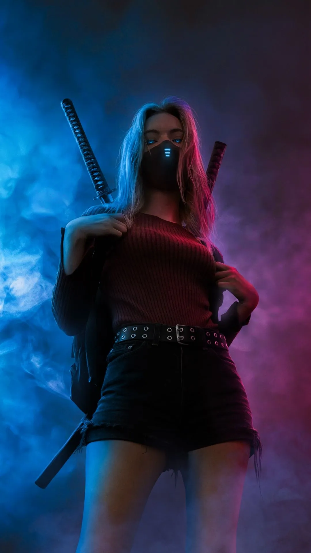 Futuristic Warrior Girl in Blue and Red Cyber Armor