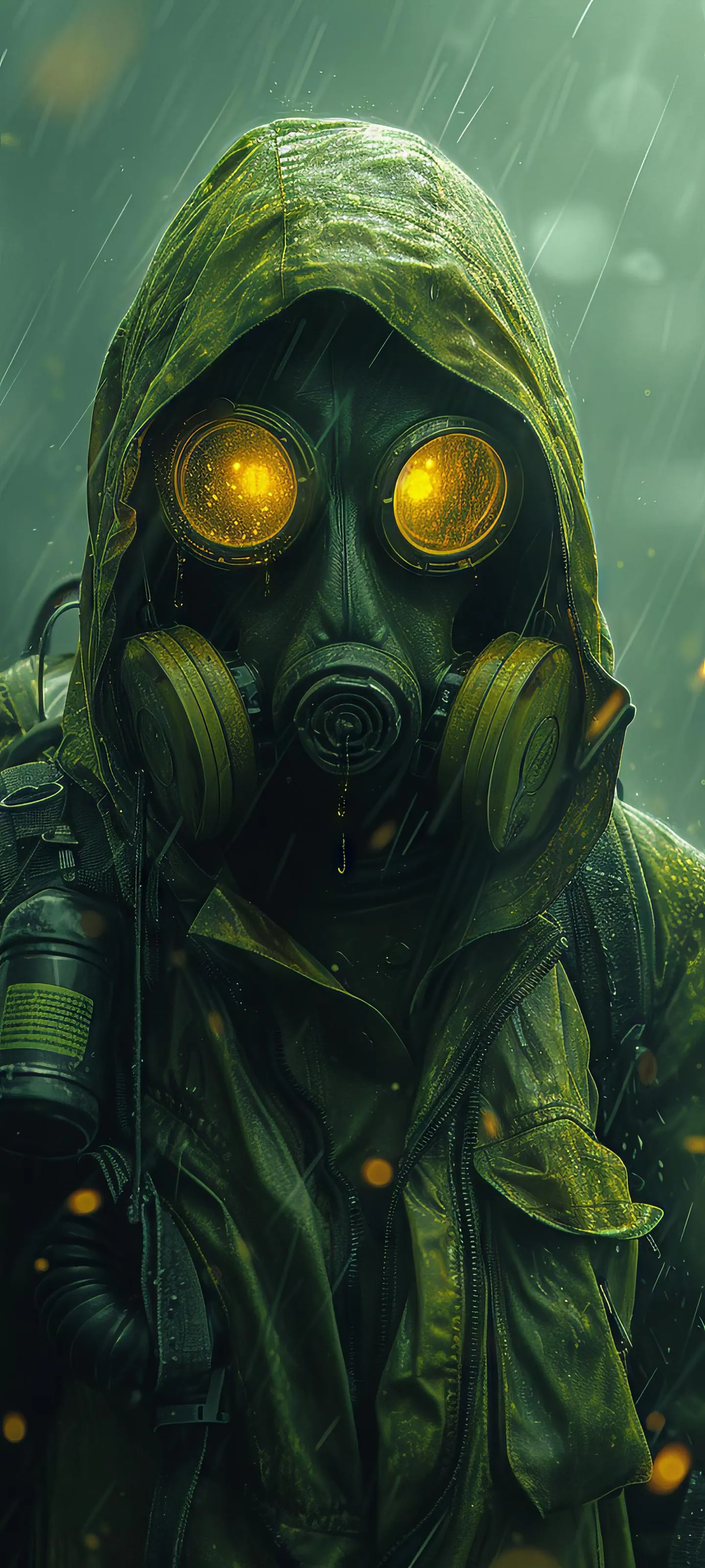 Gas Mask Soldier with Hood in Dark Green Apocalypse Scene