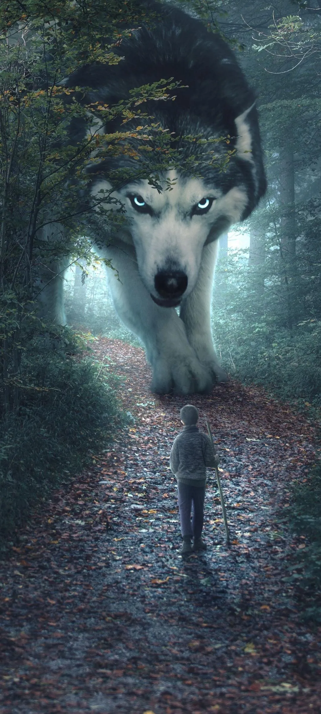 Giant glowing eyed wolf faces boy on forest pathway