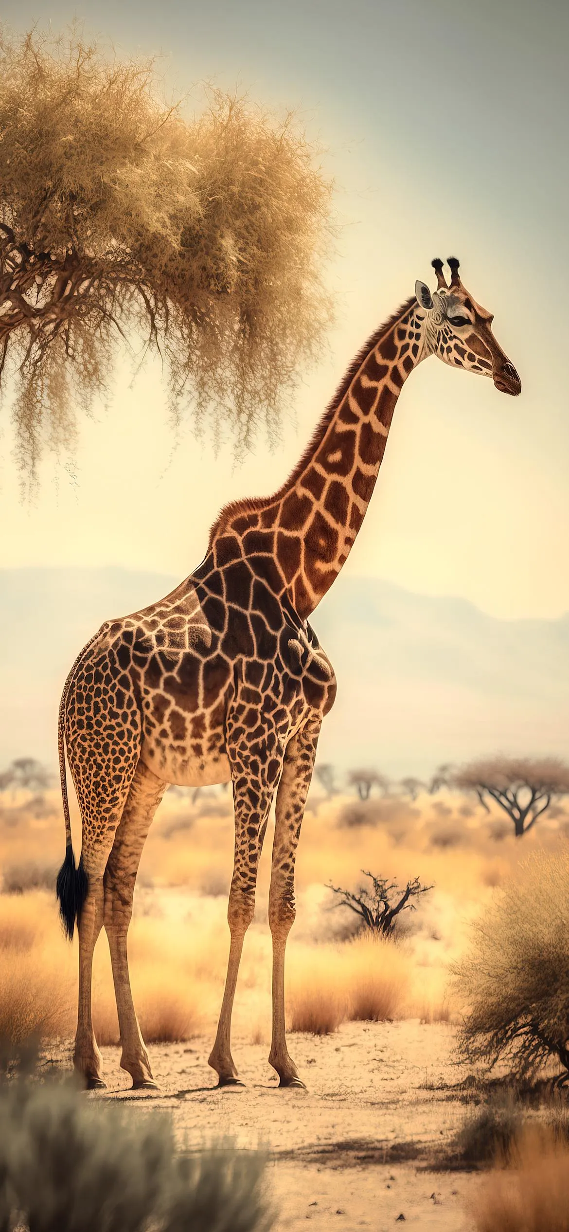 Giraffe standing in savannah with soft sunset lighting