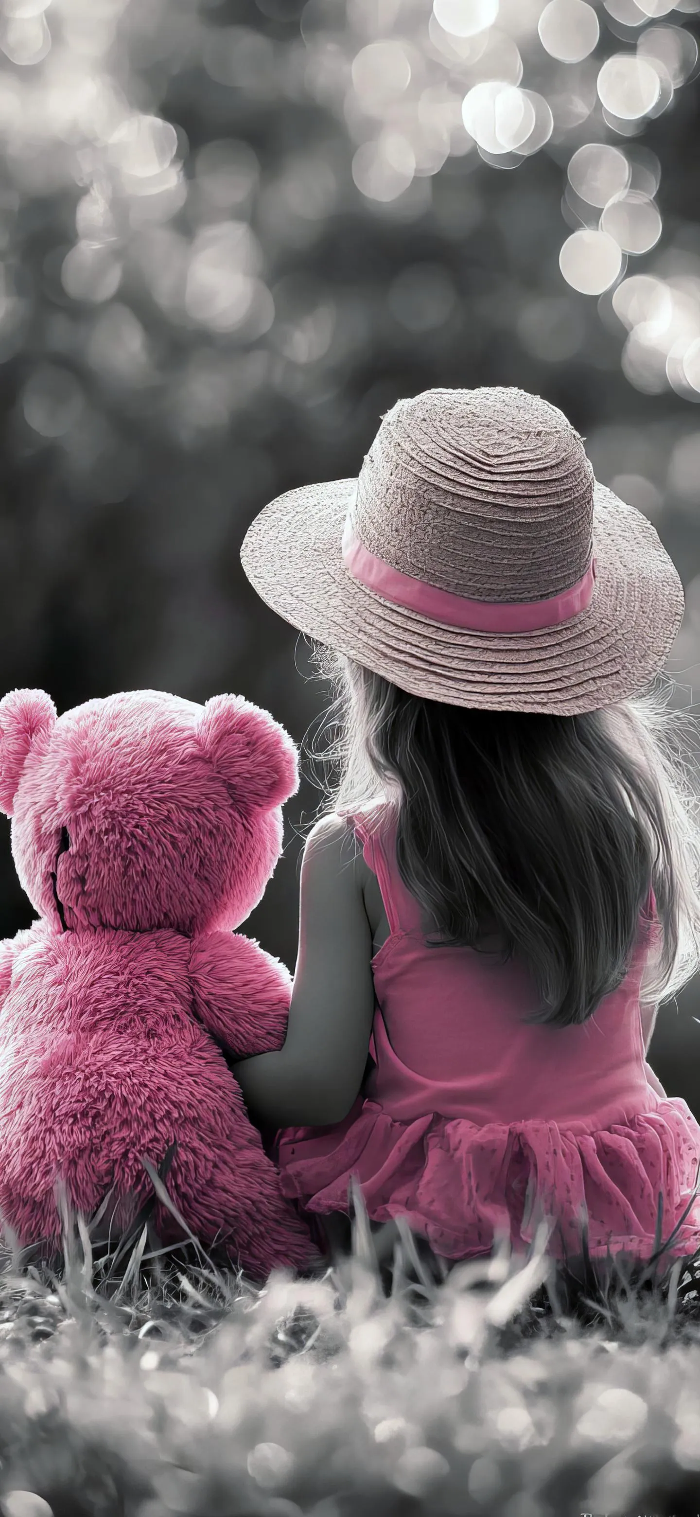 Girl wearing pink hat sitting with teddy bear outside