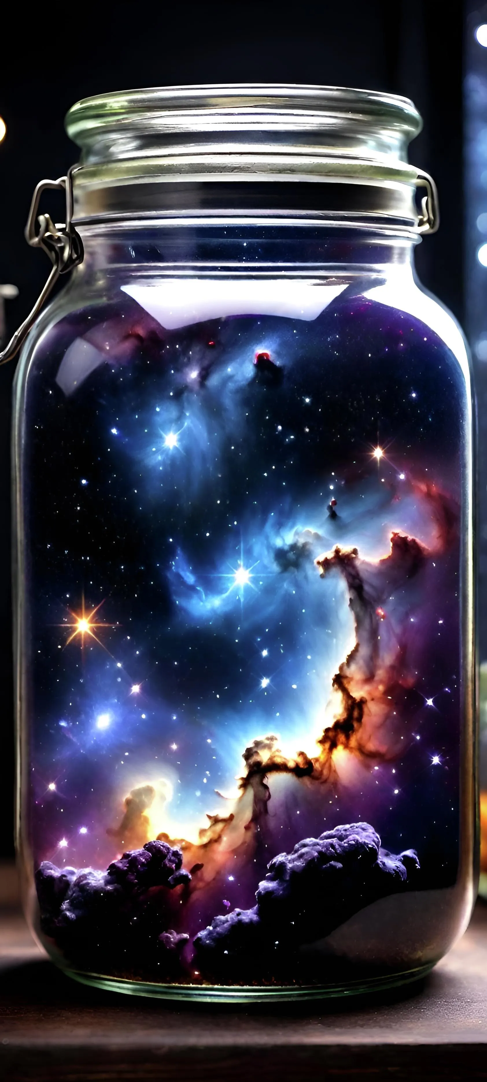 Glass Jar Containing Stars and Galaxy on Dark Background Mobile