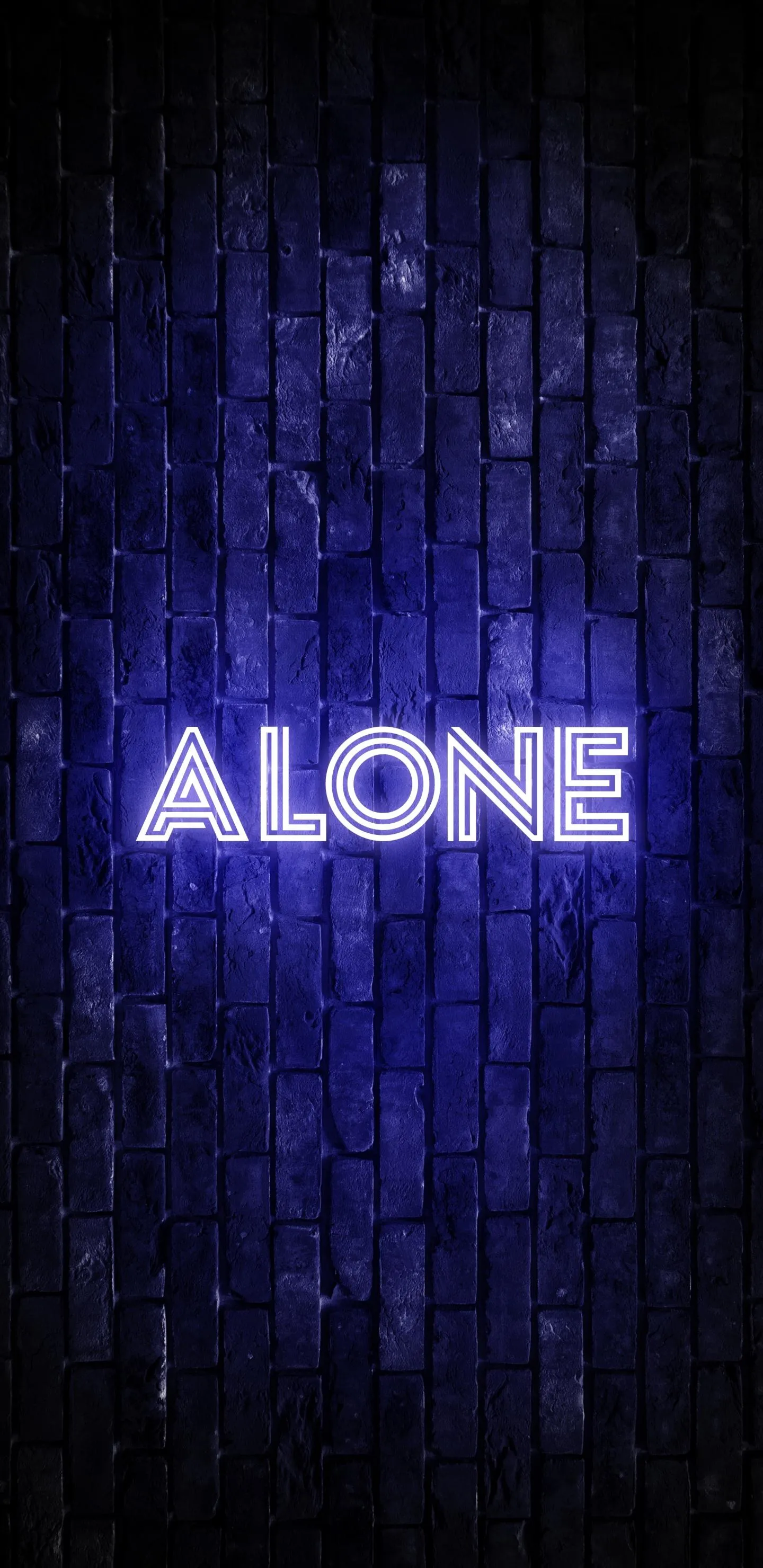 Glowing Alone Text in Neon on a Dark Blue Wooden Wall