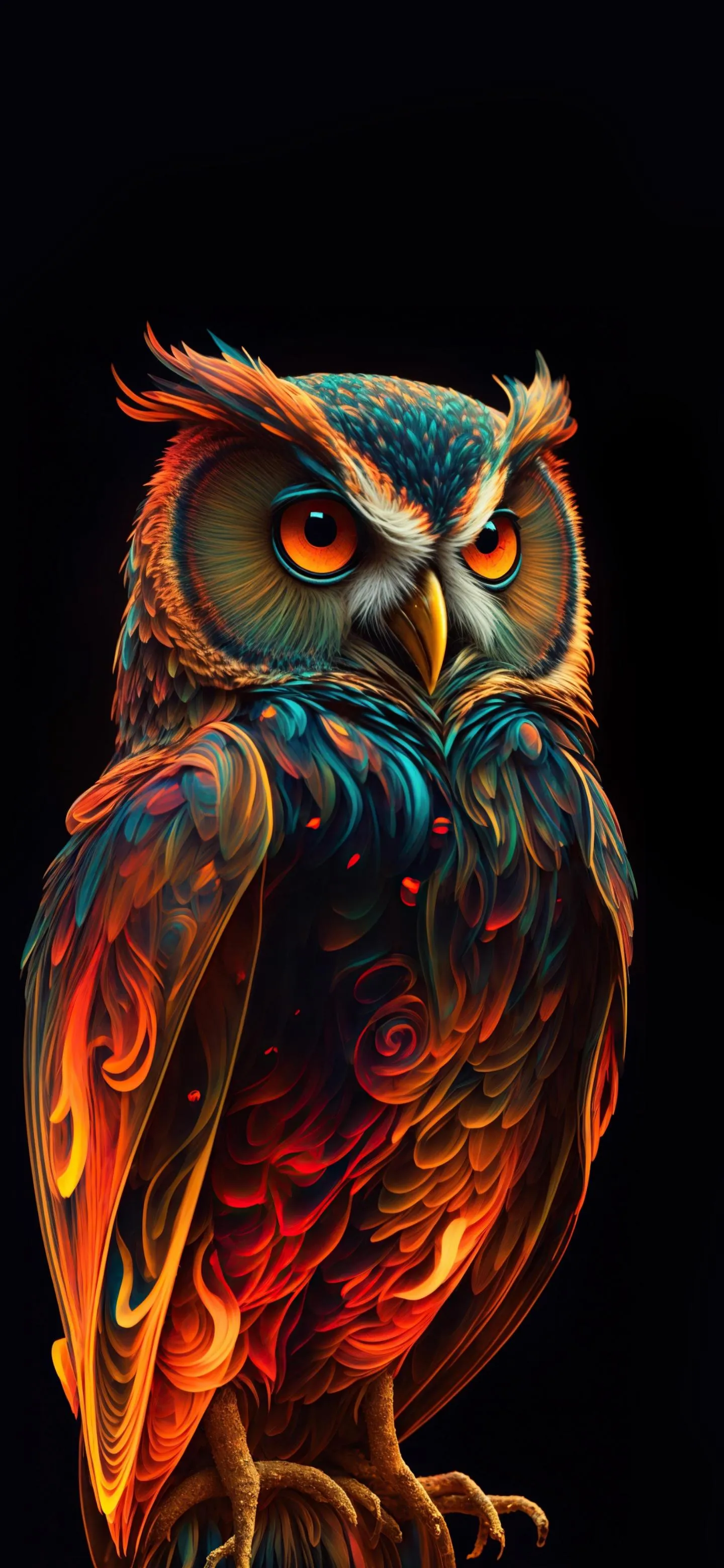 Glowing Colorful Owl Sitting Against Black Background
