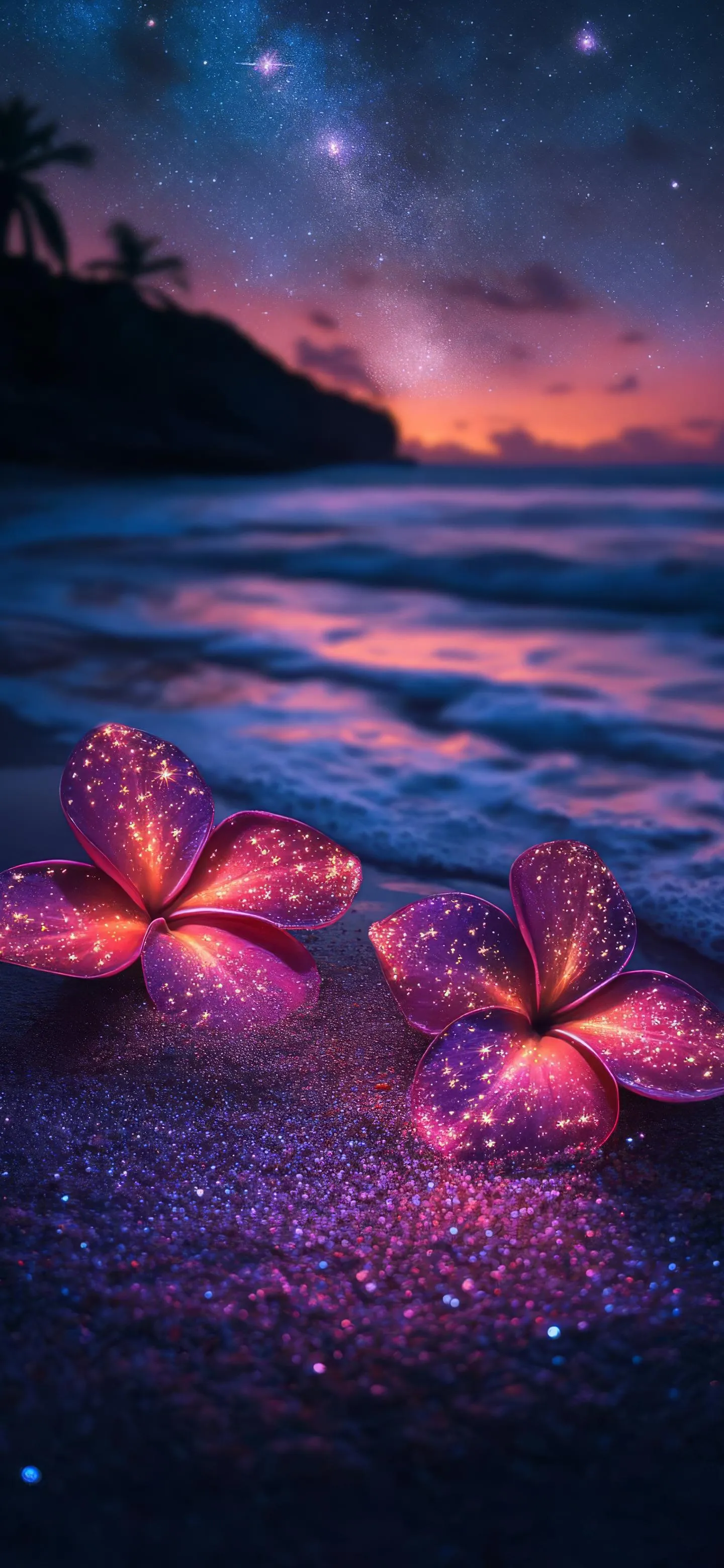 Glowing Flowers at night with stars and fantasy lights