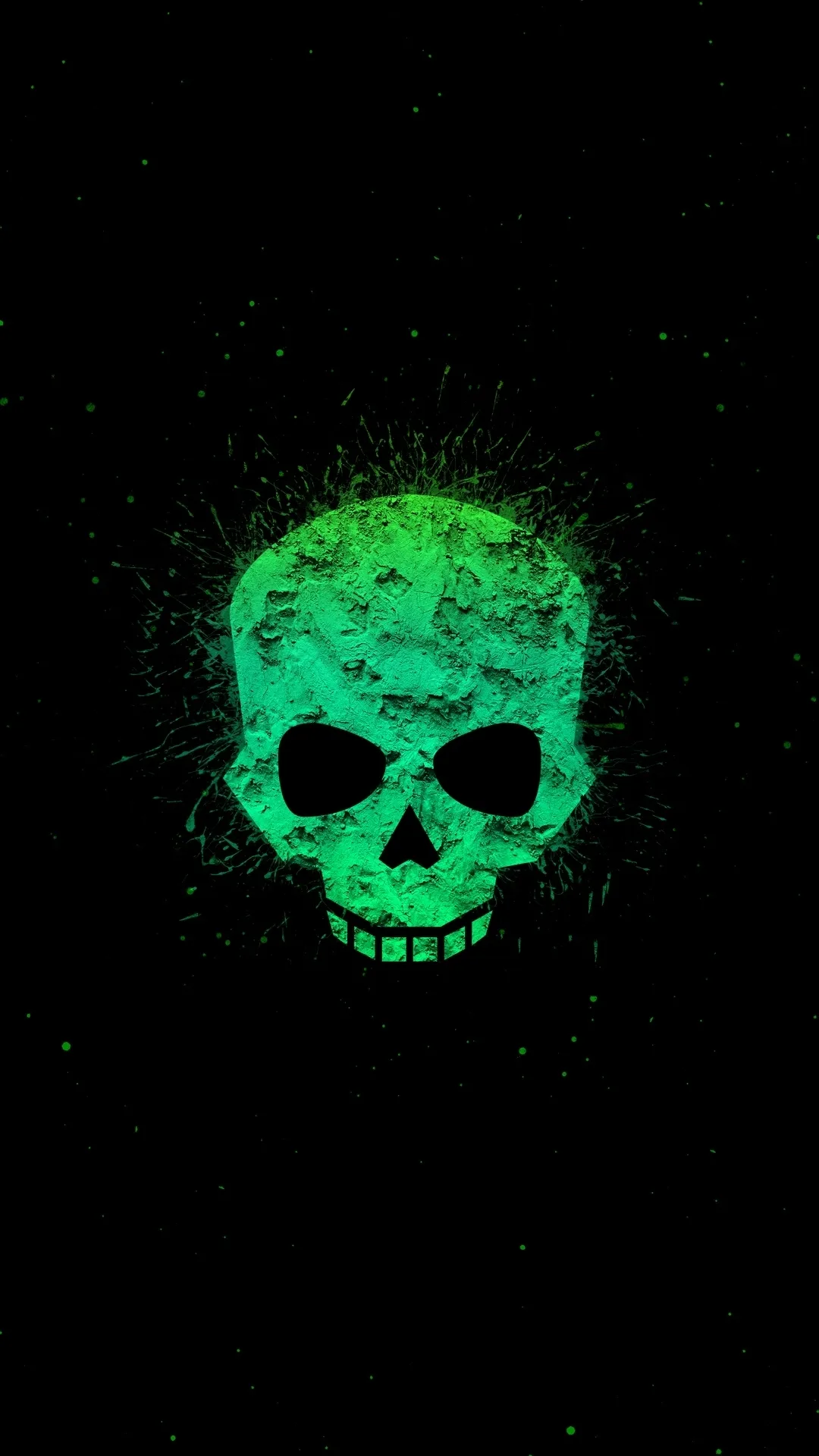 Glowing green skull design on dark cosmic background