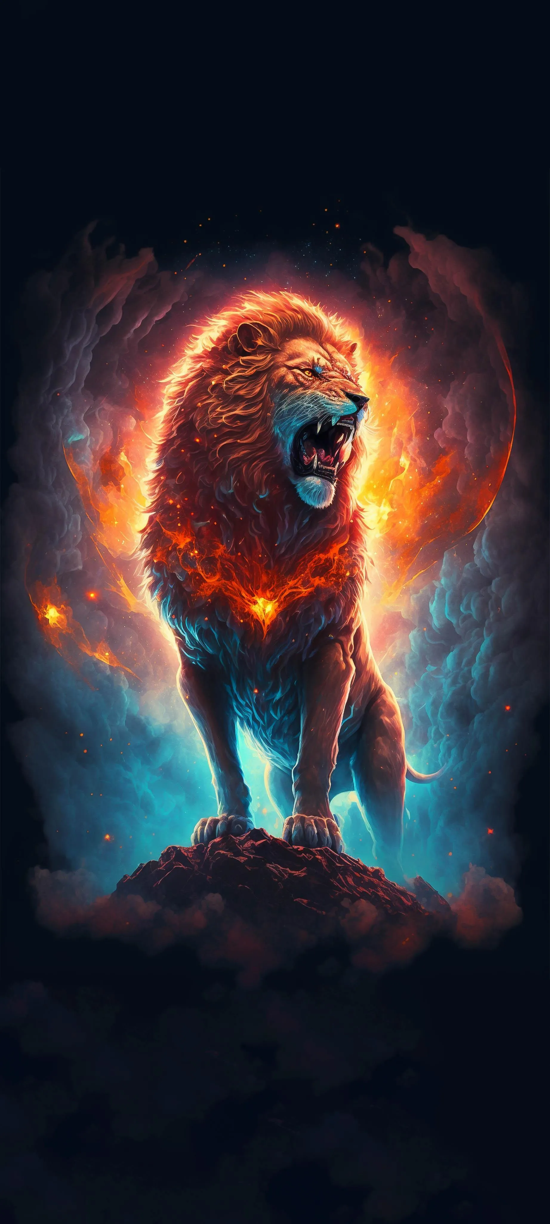 Glowing Lion in Space with Fiery Aura and Blue Eyes