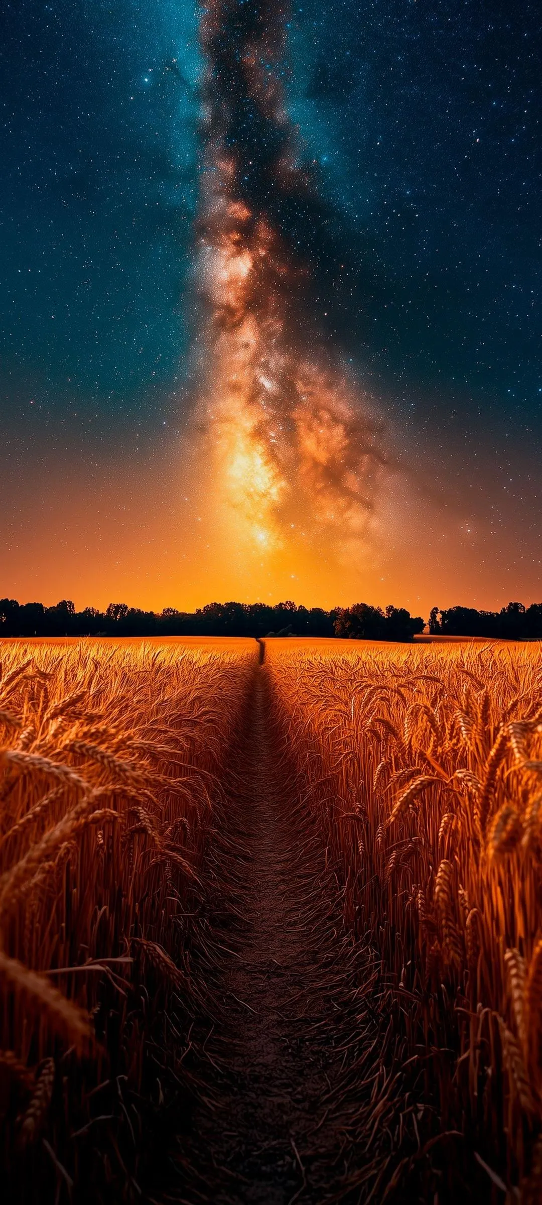 Glowing Night Sky Over Wheat Field with Fiery Meteor Trail