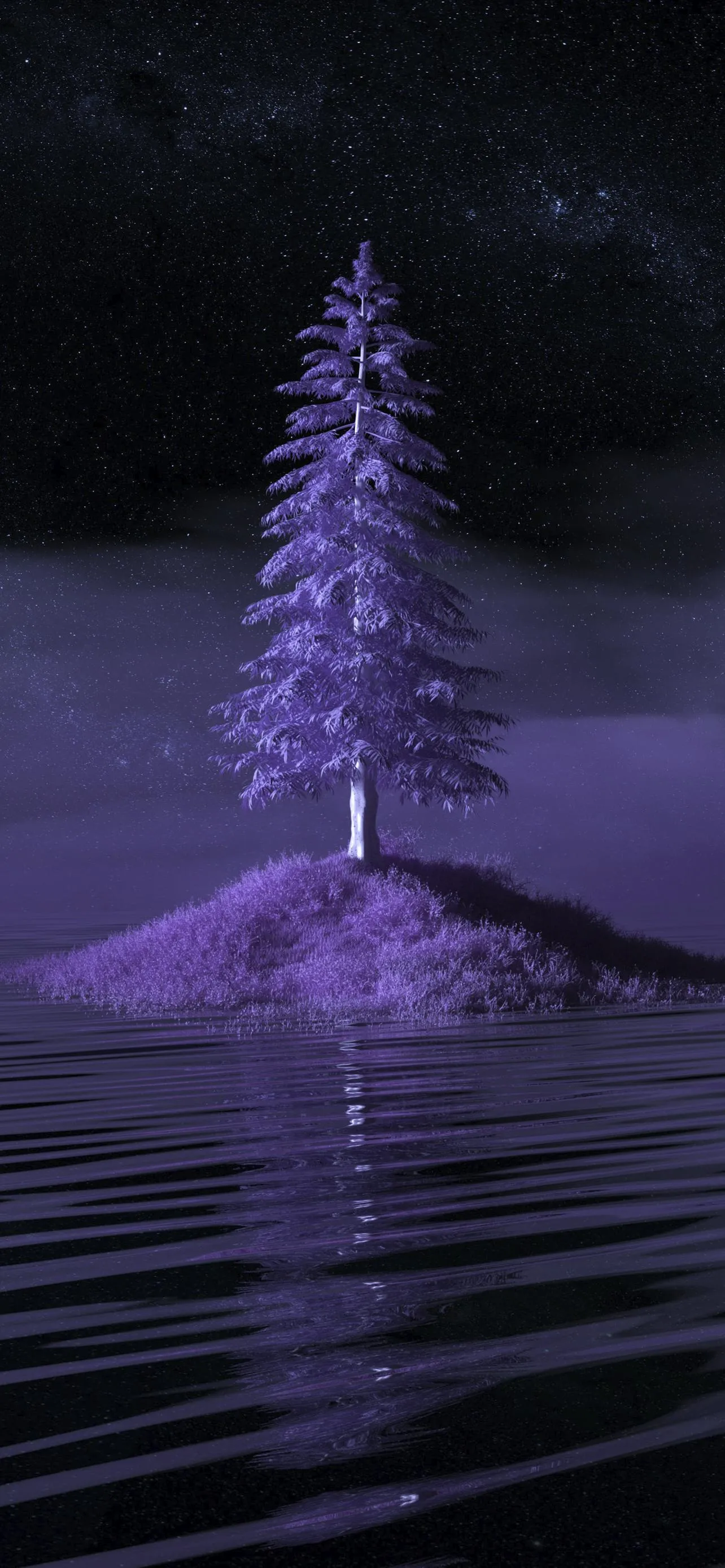 Glowing Purple Tree Reflected on Water in Night Scene