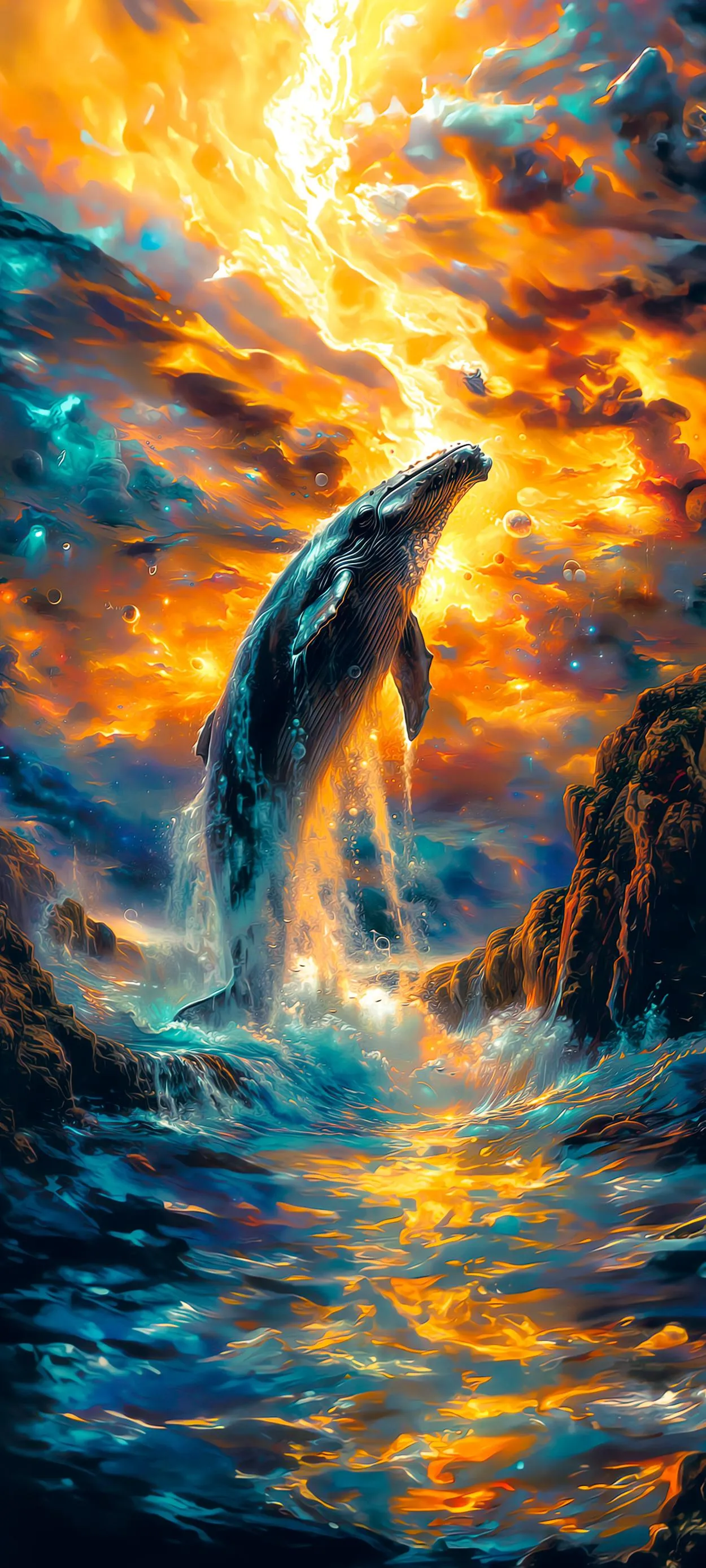 Glowing Whale Swimming in Fiery Ocean Fantasy Art Wallpaper