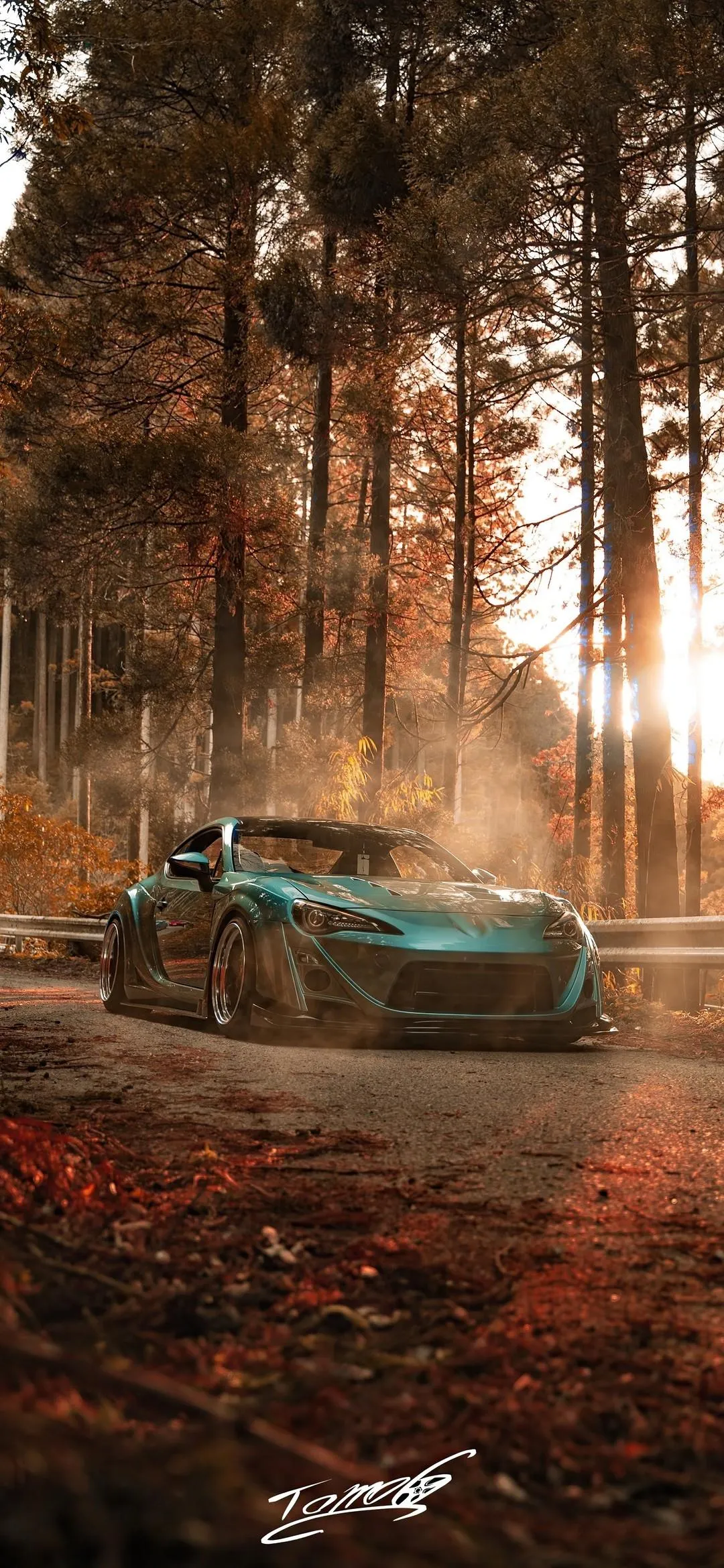 Green Car in Autumn Forest with Golden Light Wallpaper