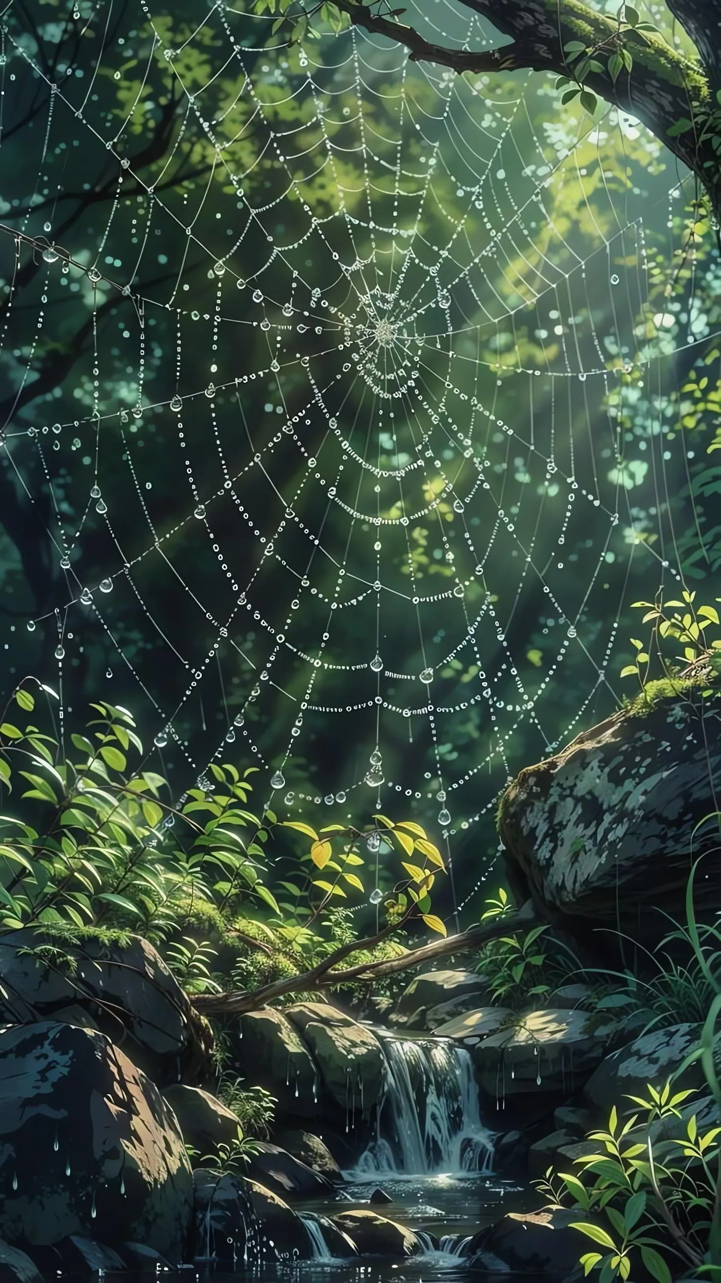 Green Forest with Spider Web Covered in Morning Dew