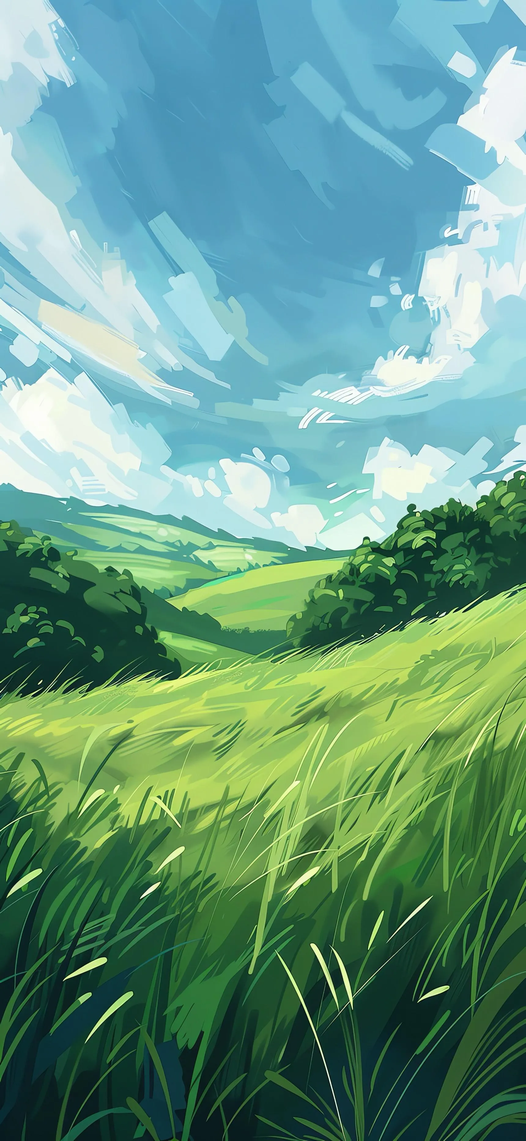 Green Grass Field with Bright Sunlight and Sky View