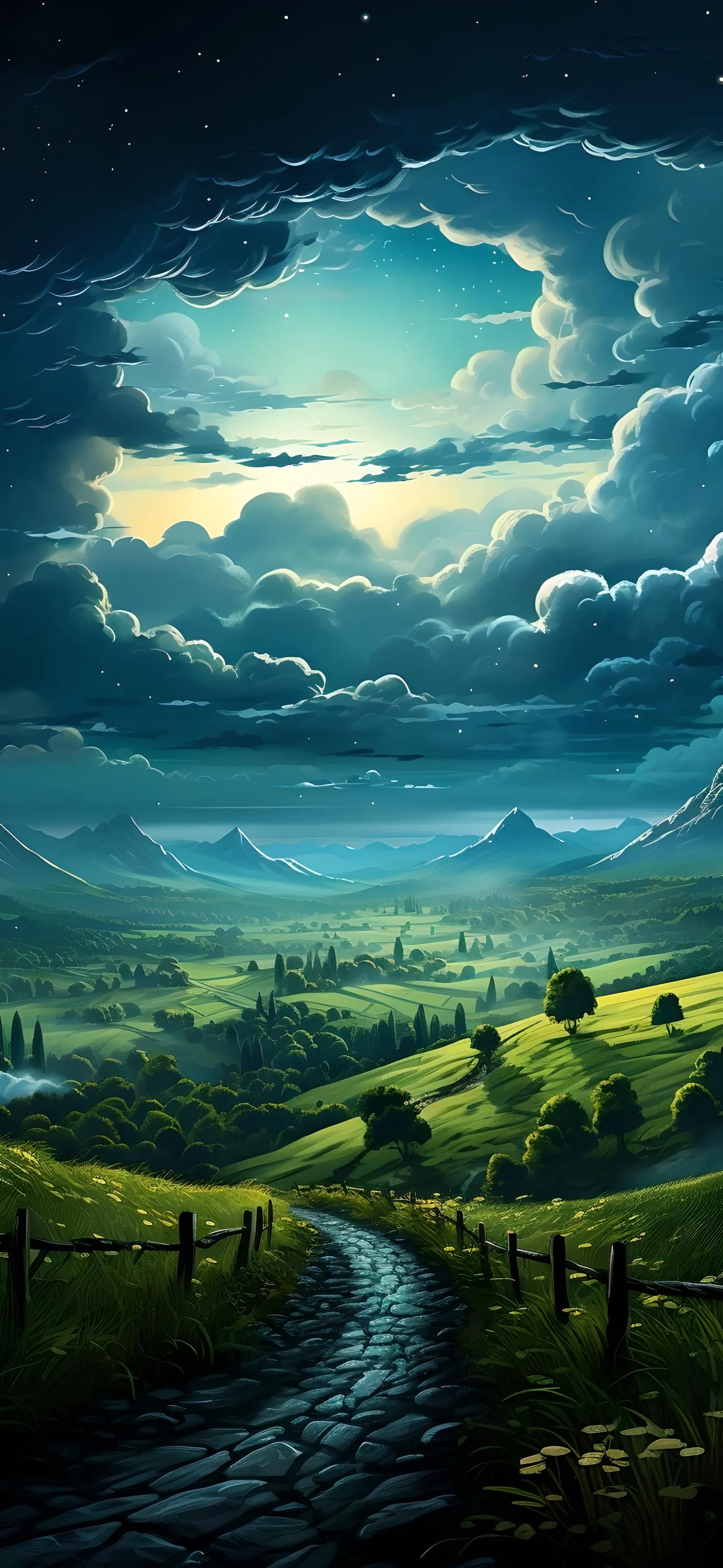 Green Hills with Dramatic Clouds and Sunlight Breaking Through