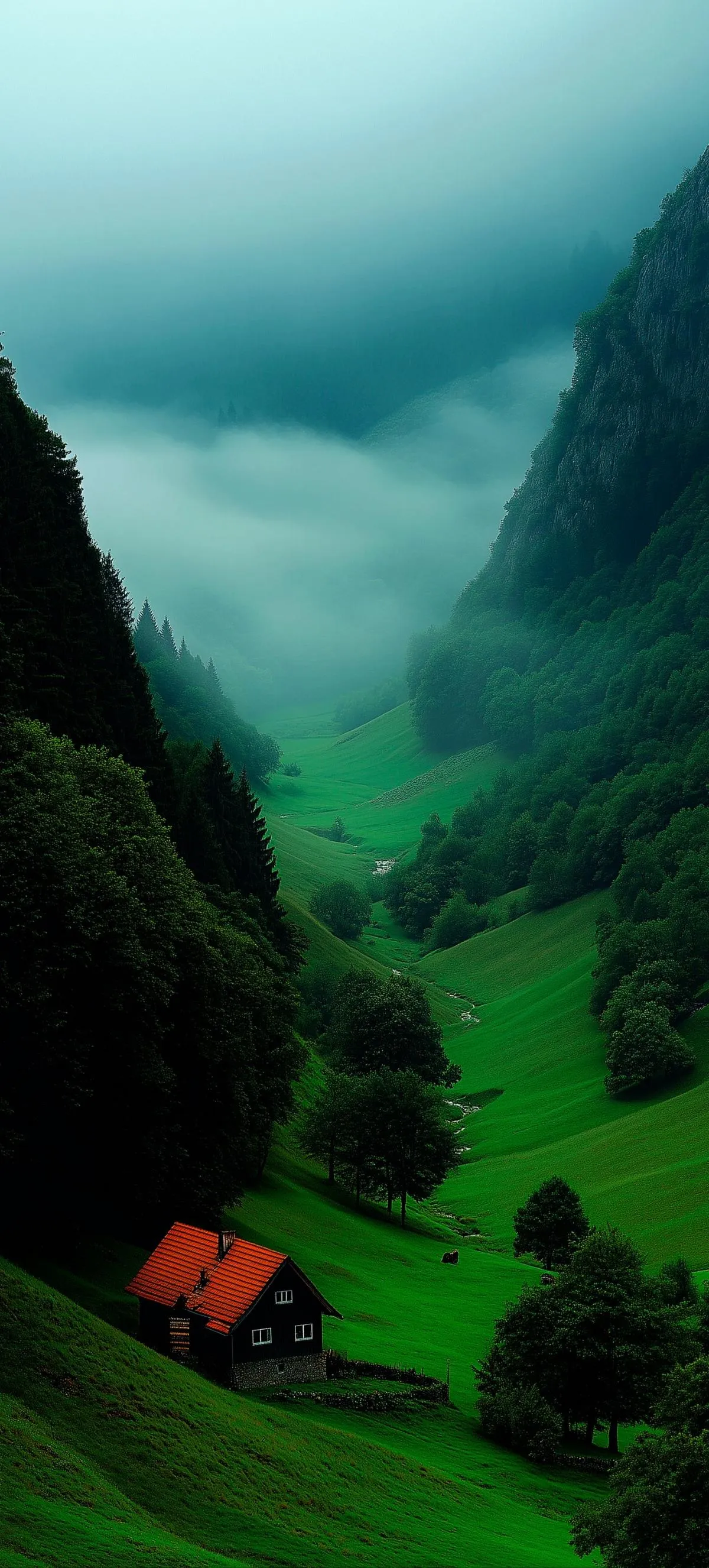 Green Hills with Foggy Mountains in Early Morning Light
