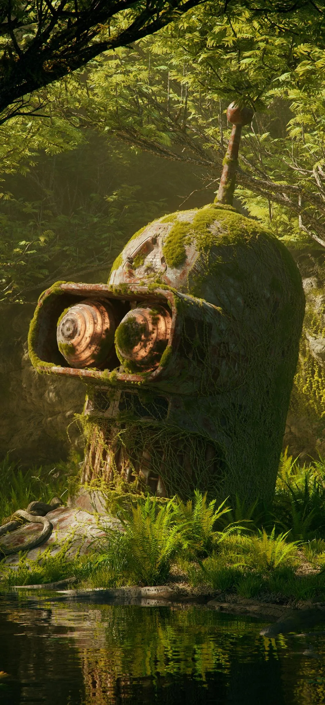 Green Moss Covered Robot Hidden in Jungle Environment