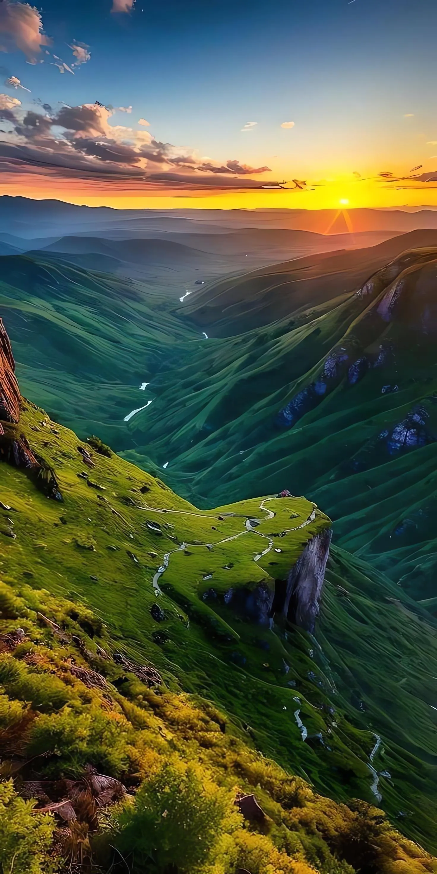 Green Mountain Landscape Under Blue Sky with Clouds