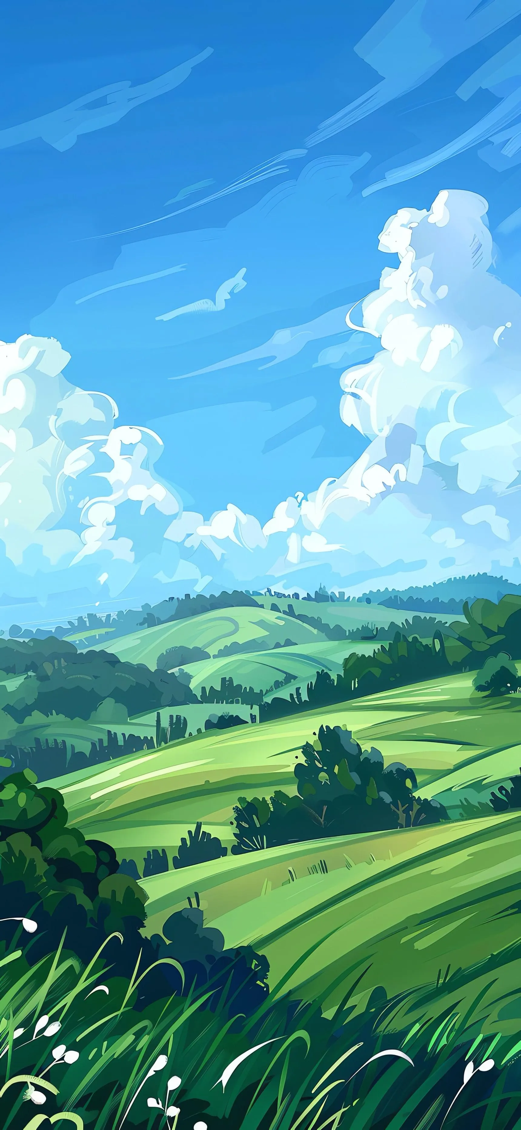 Green rolling hills under bright sunny blue sky view