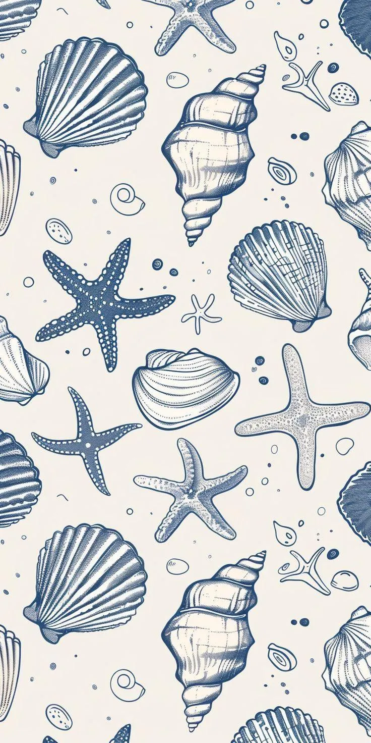 Hand drawn seashell and starfish pattern on white paper