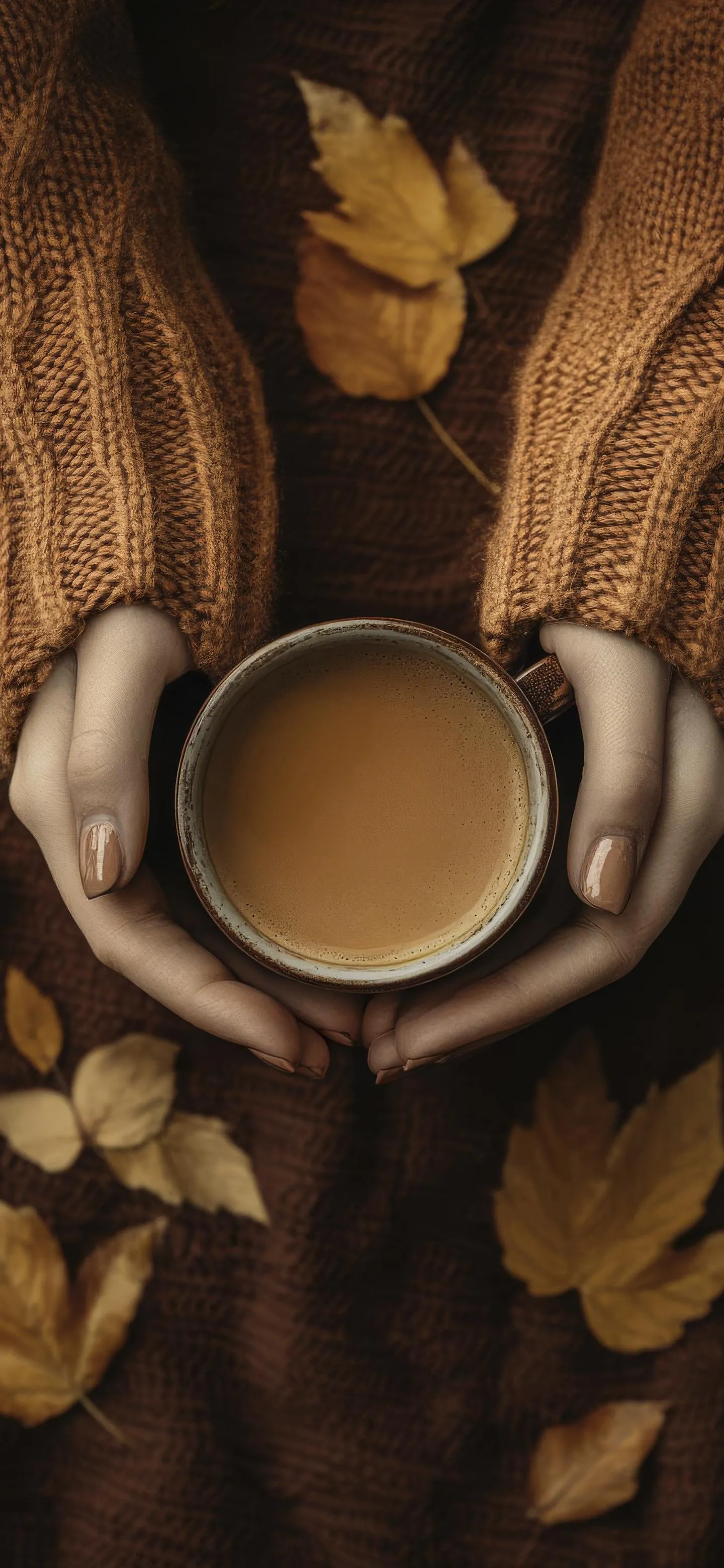 Hand holding Coffee Cup with Leaves for Autumn Vibes