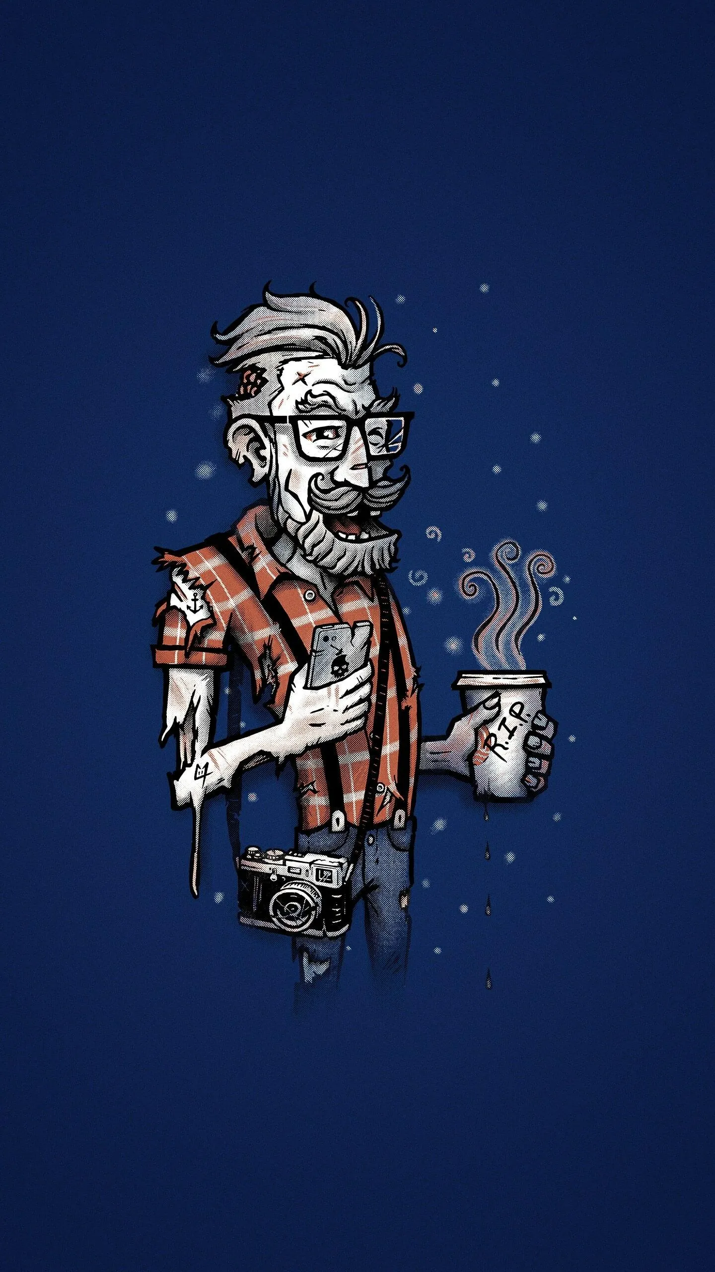 Hipster Zombie Holding Coffee Cup and Smartphone Wallpaper