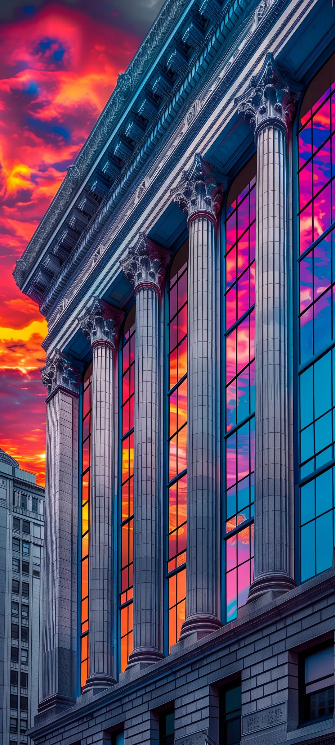 Historic Building Facade Illuminated at Night with Columns