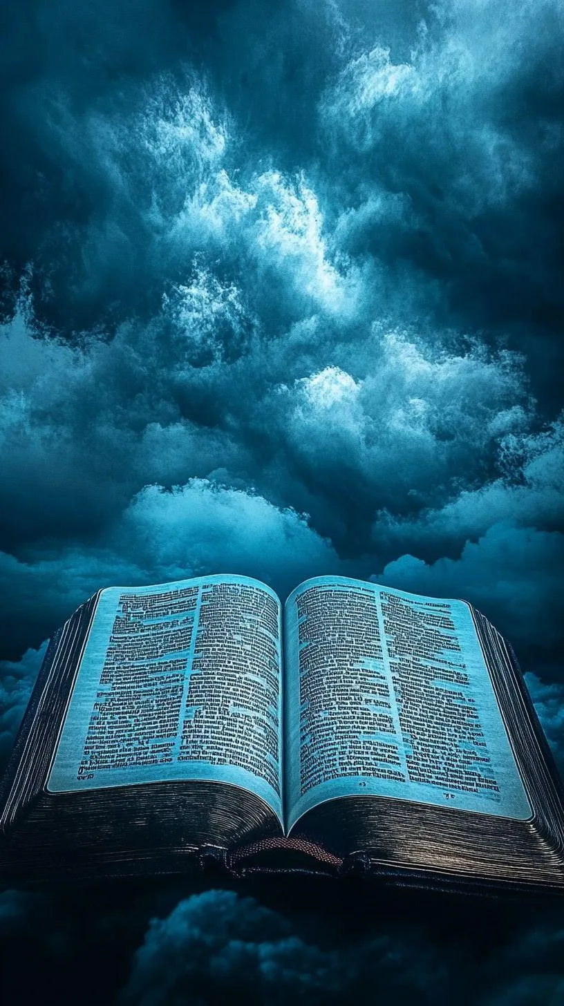 Holy Bible floating in dark stormy clouds background image