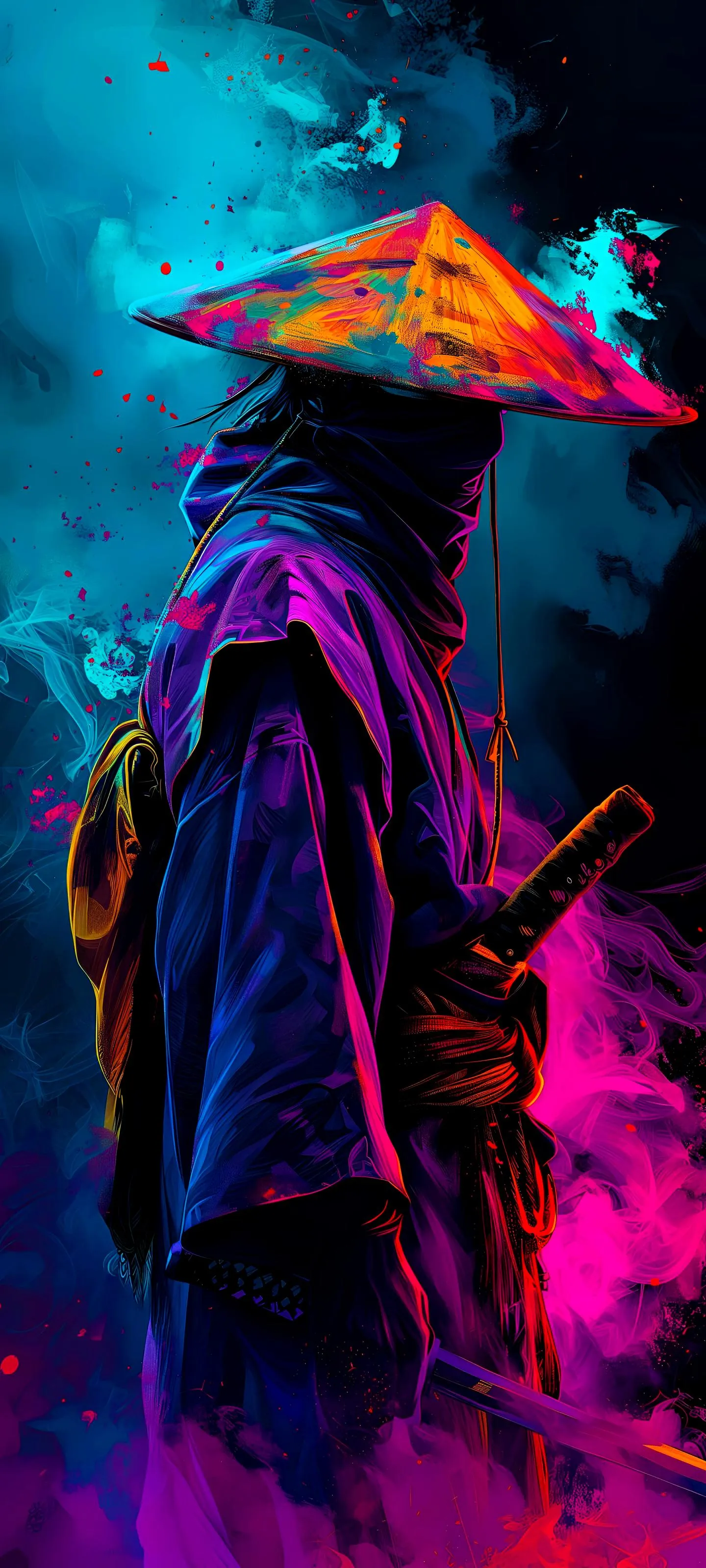 Hooded Figure with Neon Aura in Cyberpunk Vibe Scene