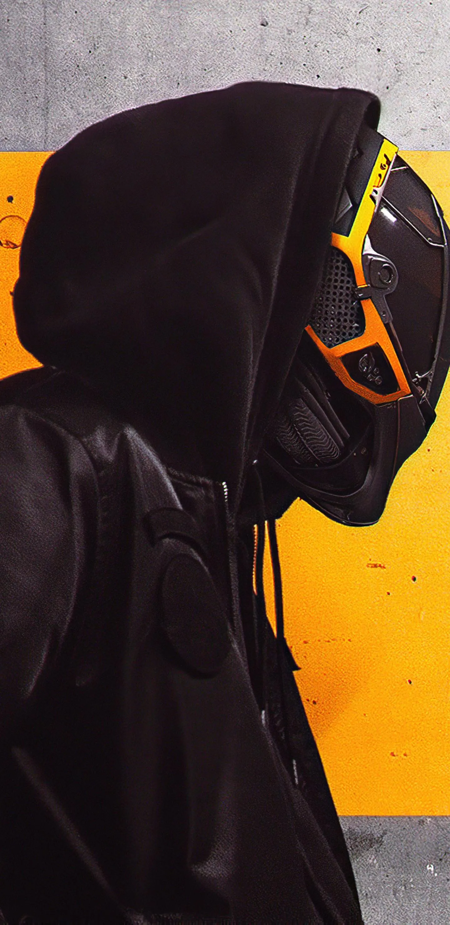 Hooded Figure with Yellow Wall and Shadow in Urban Scene