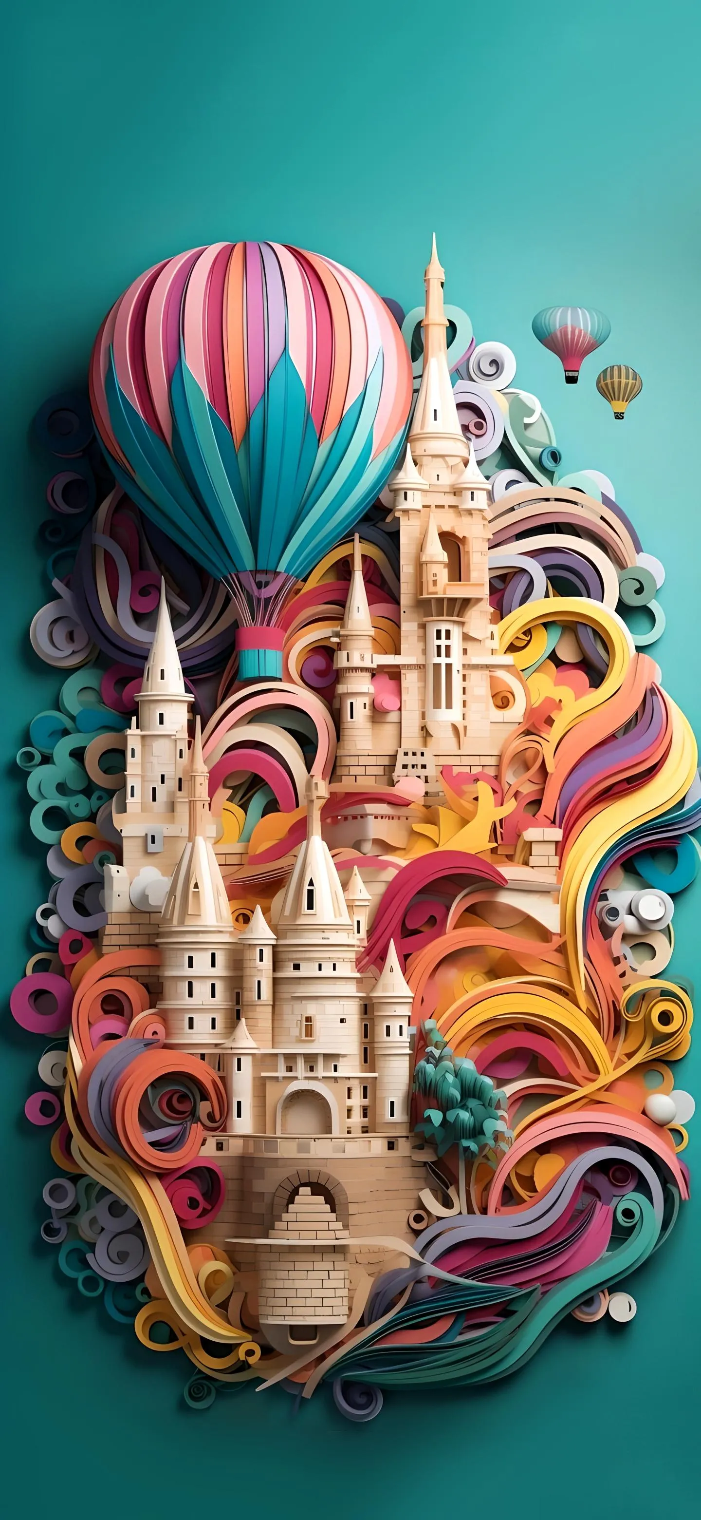 Hot air balloon and castle in colorful abstract art