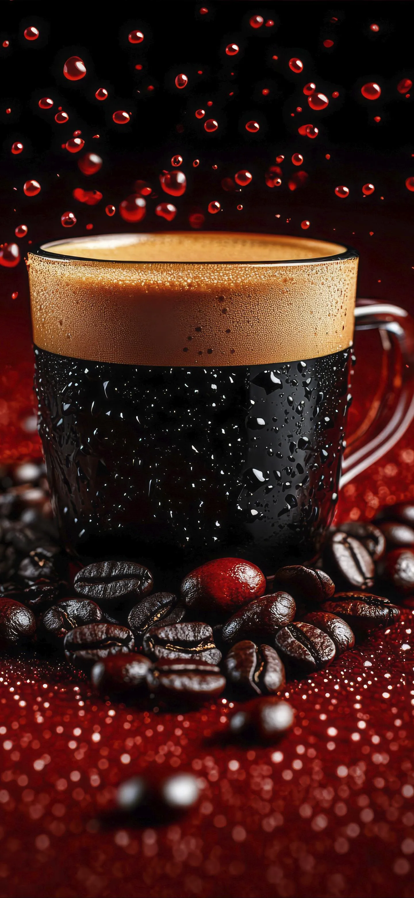 Hot Coffee in Glass Surrounded by Dark Roasted Beans