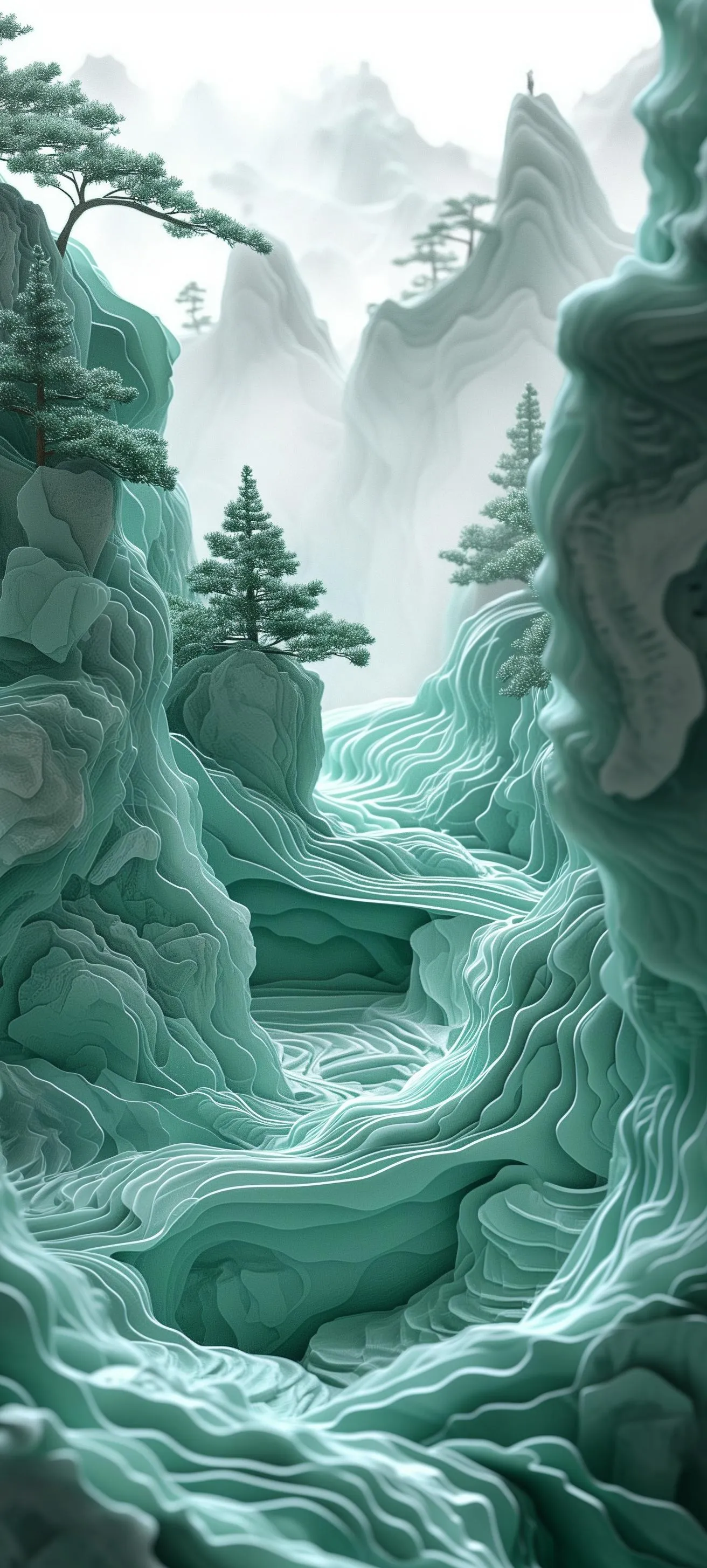 Ice Cliff Fantasy Scene with Deep Blue Frozen Mountains