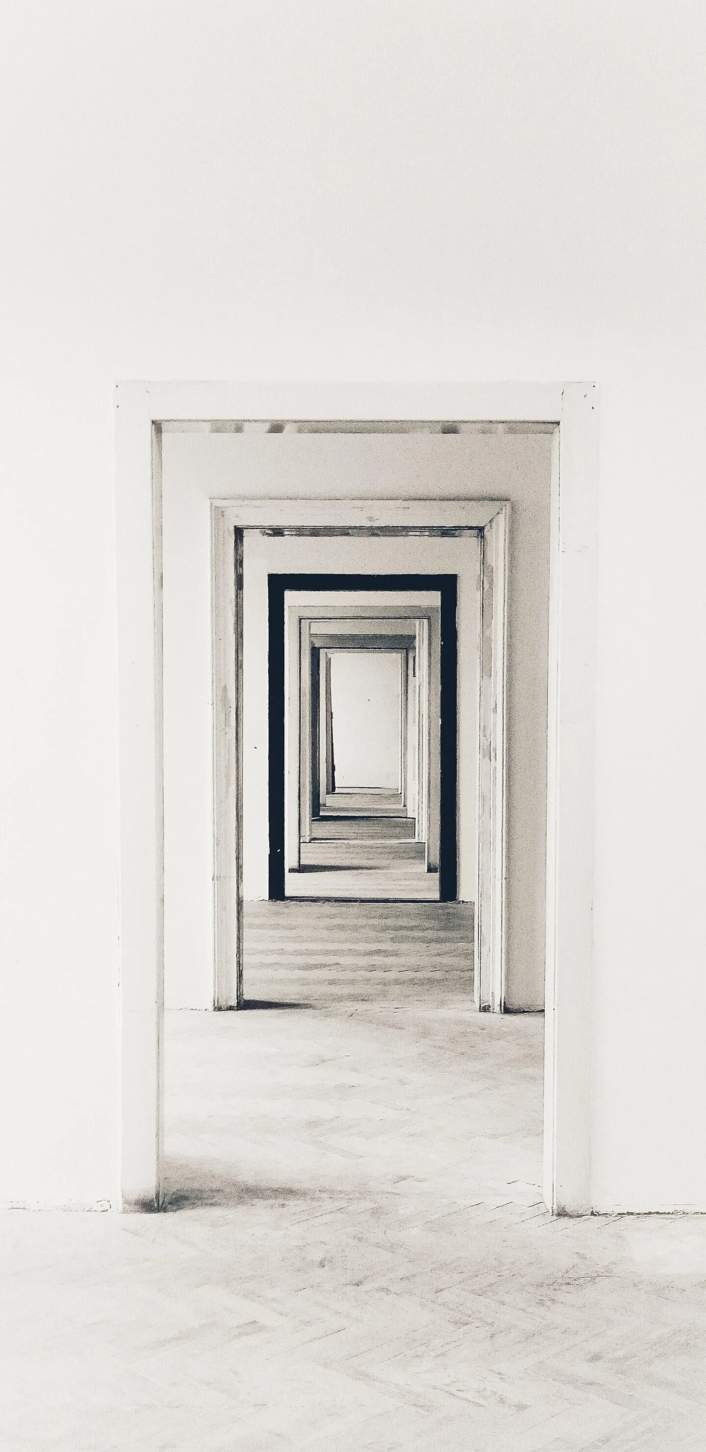 Infinite White Corridor with Symmetrical Doors Wallpaper