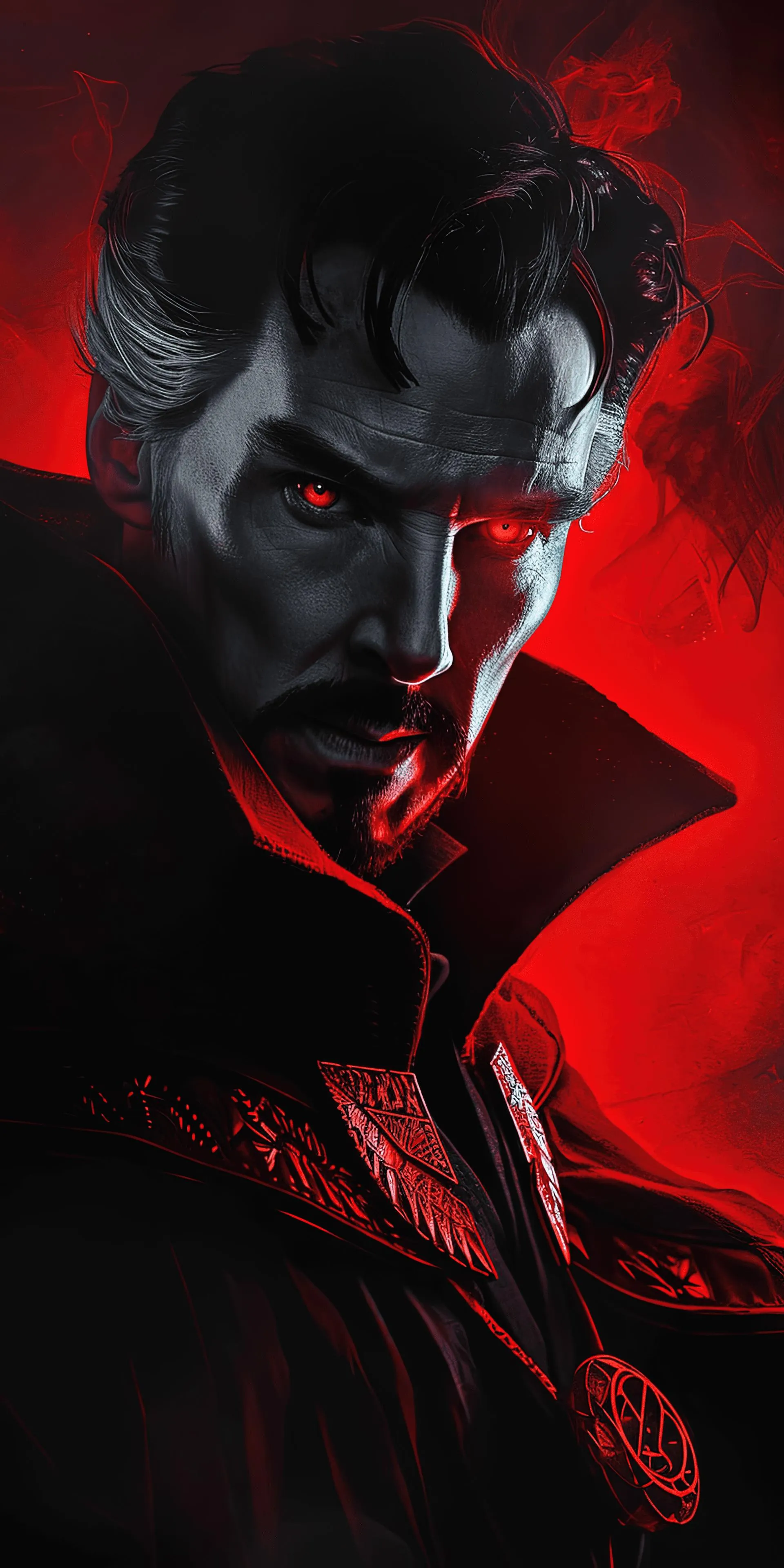 Intense Doctor Strange in Red Coat with Dark Background