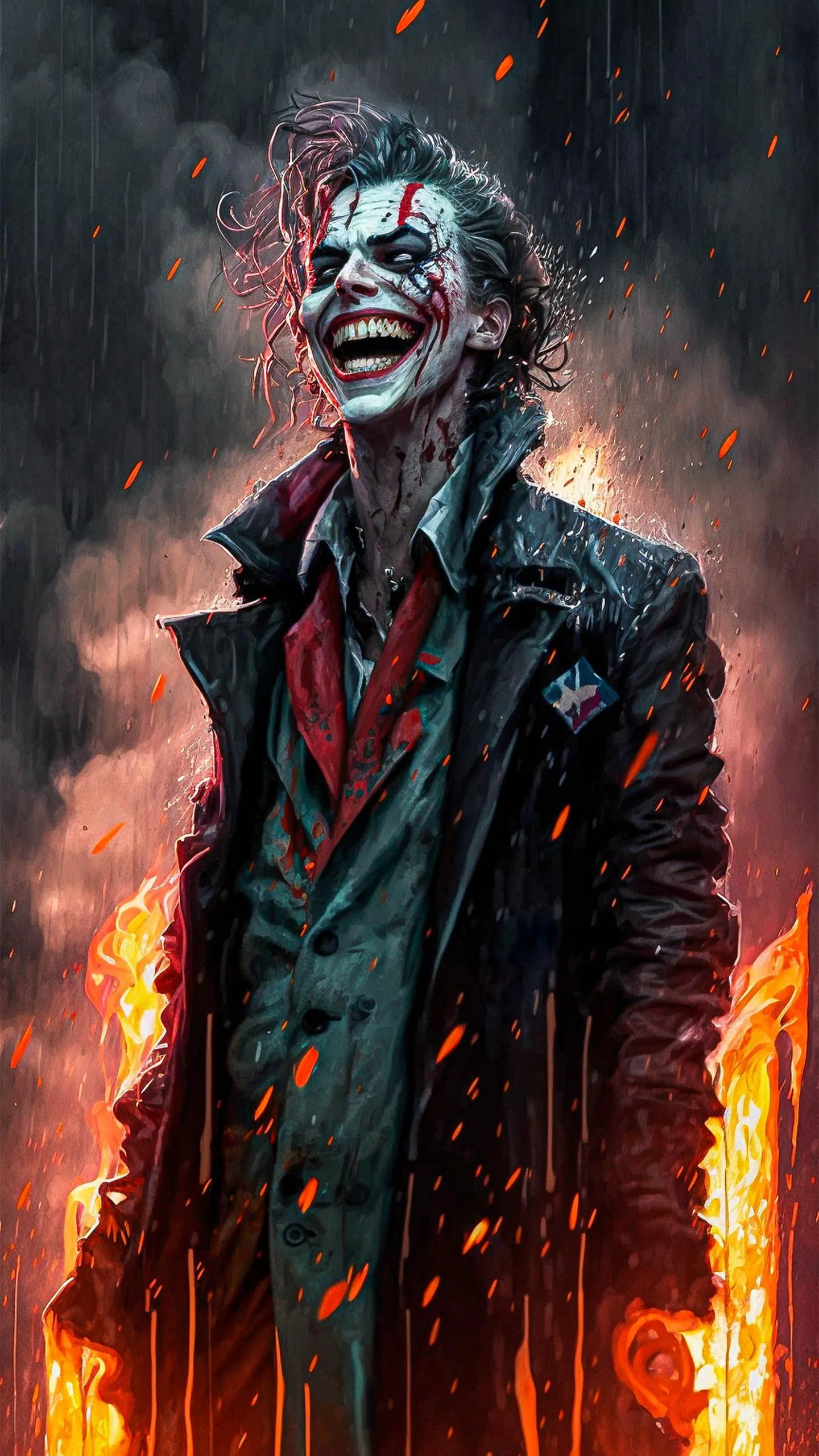 Intense Portrait of Joker Character with Fiery Background