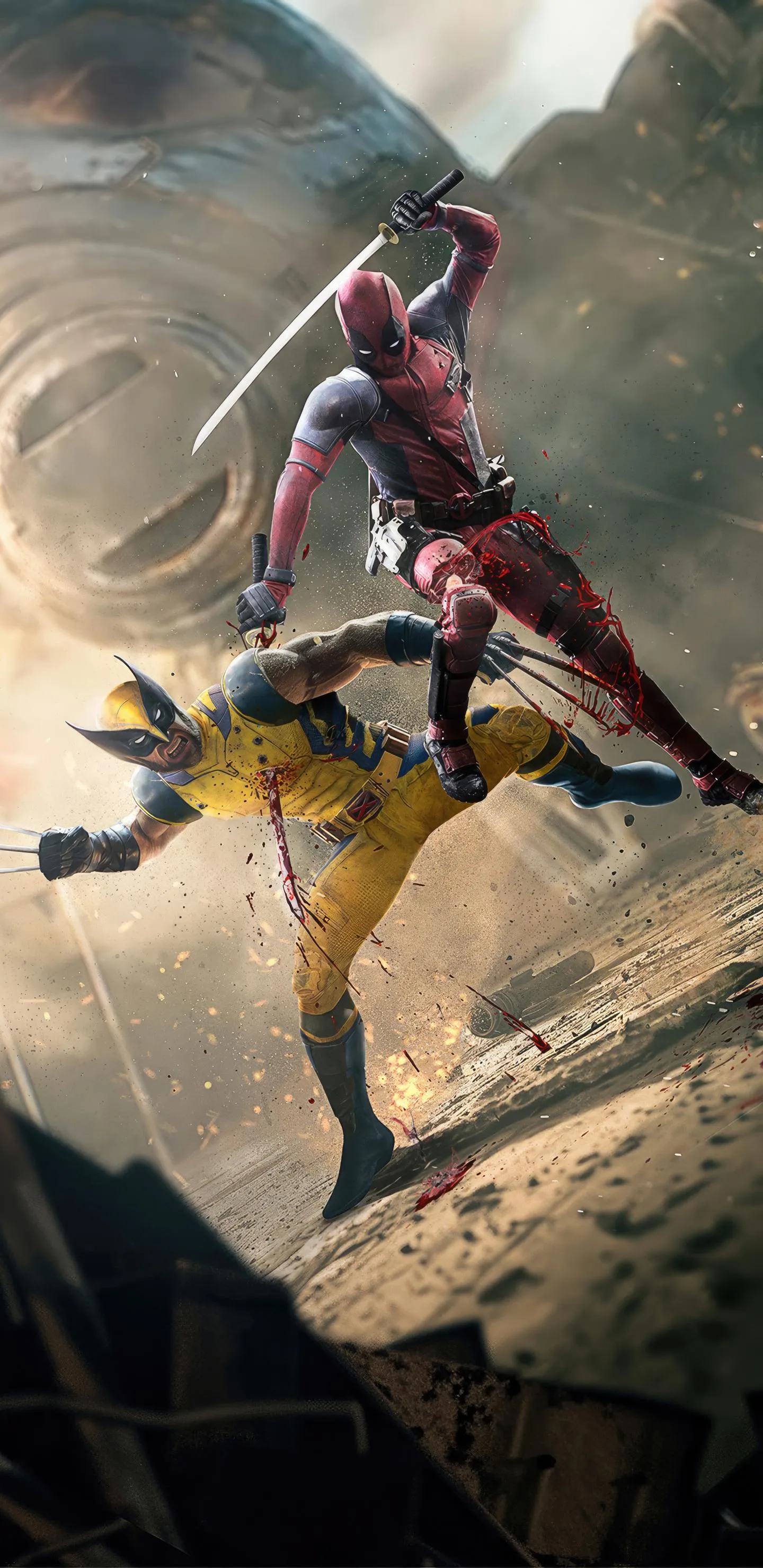 Intense superhero duel in cinematic action artwork Wallpaper