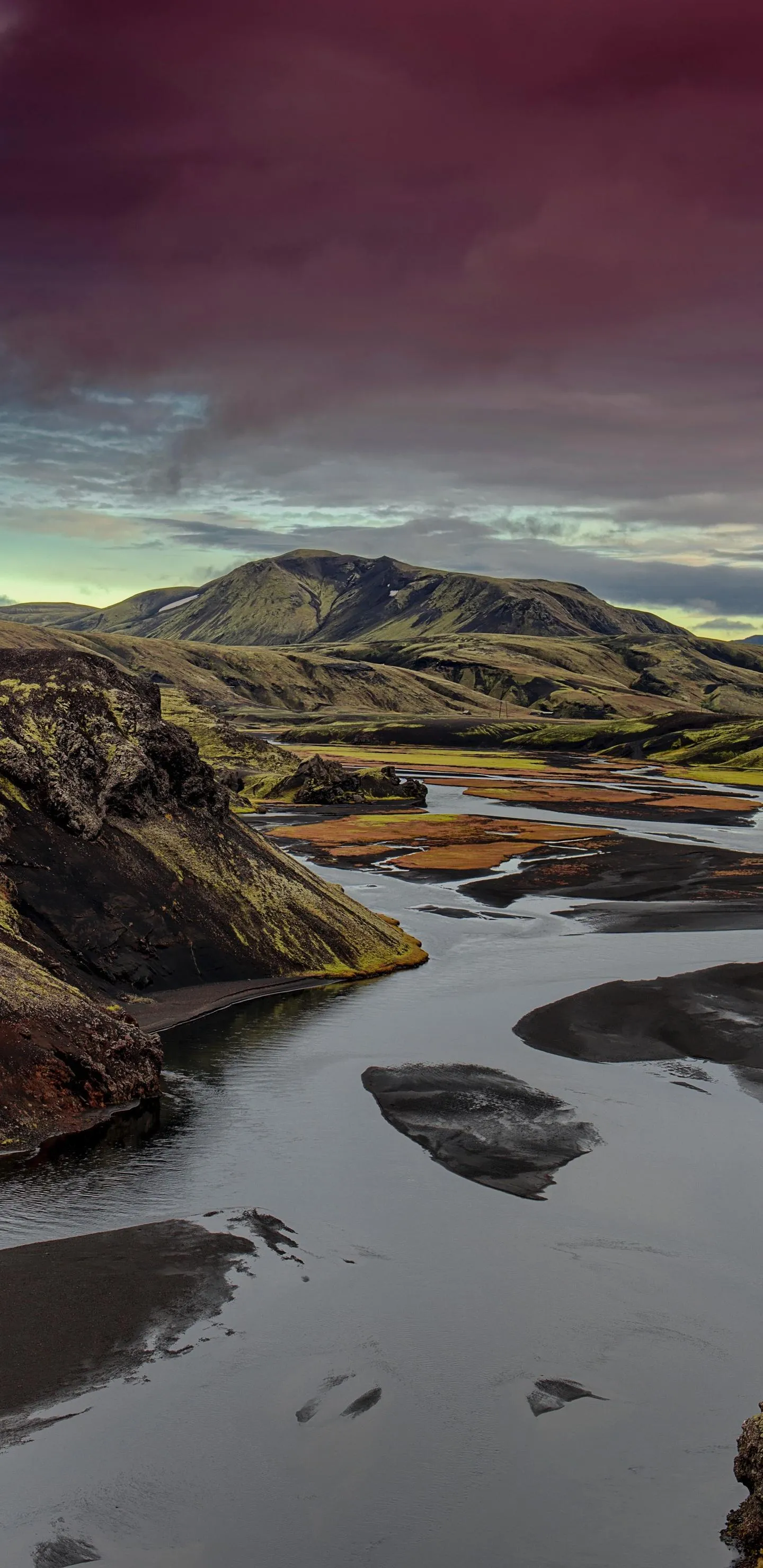 Landscape with River and Green Hills Under Dark Sky Mobile