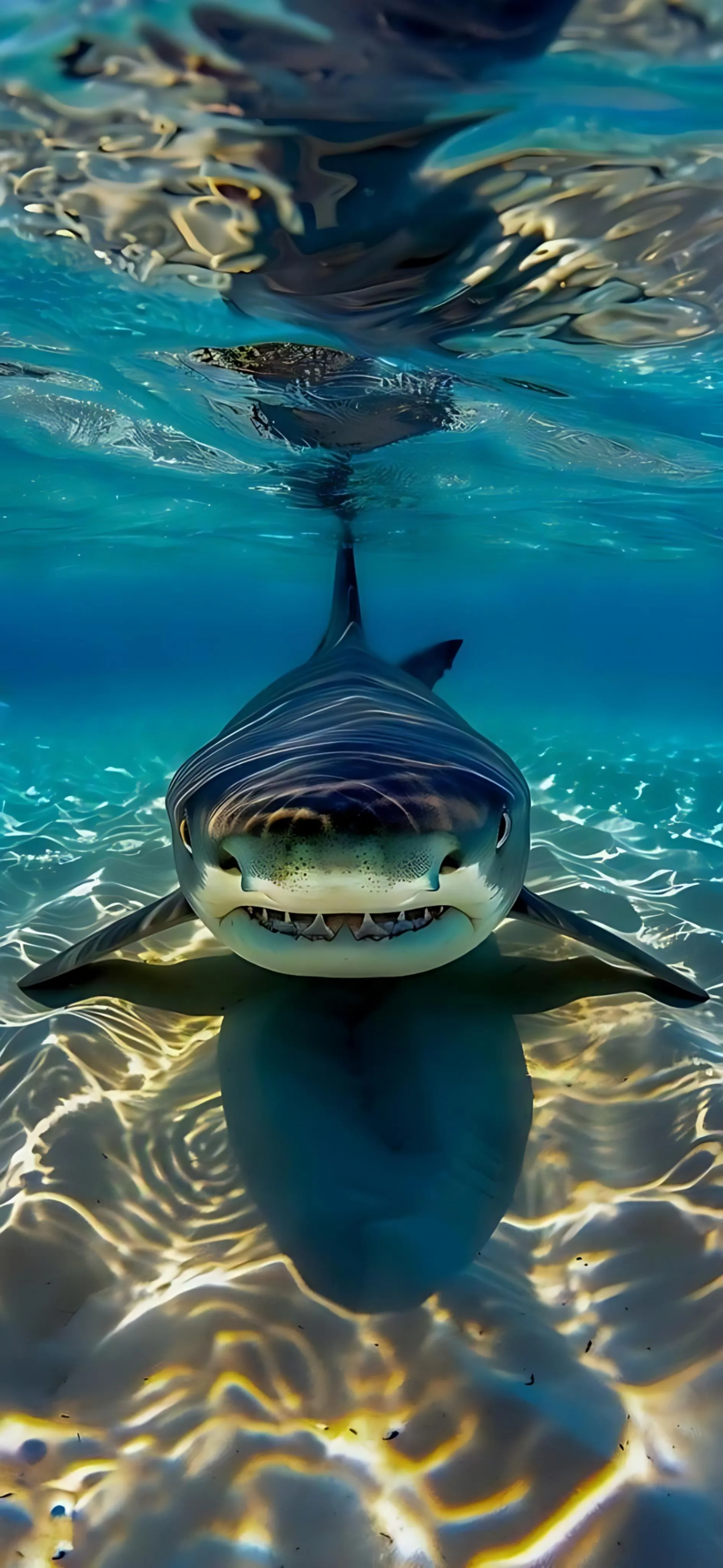 Large shark swimming underwater in clear blue ocean