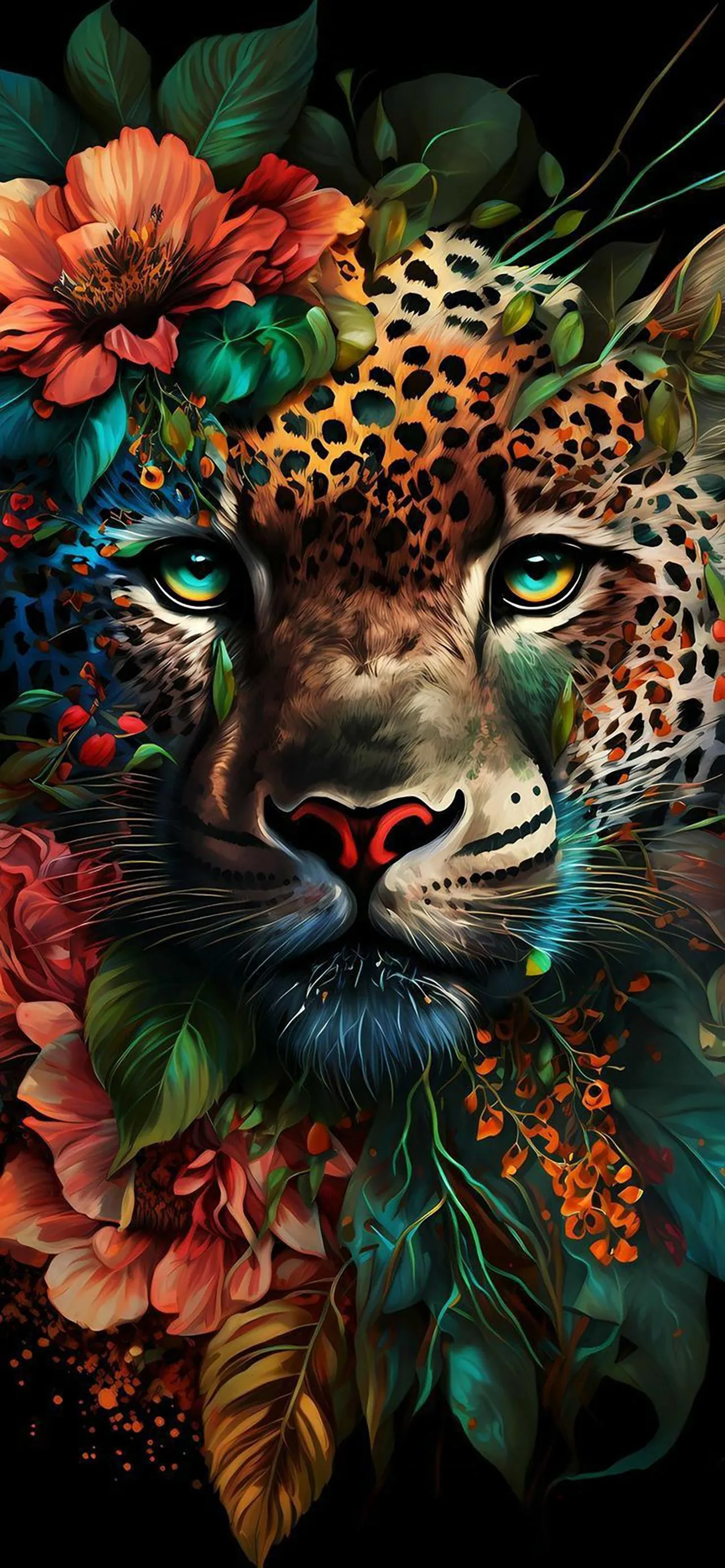 Leopard Hidden in Jungle with Floral Surrounding Wallpaper