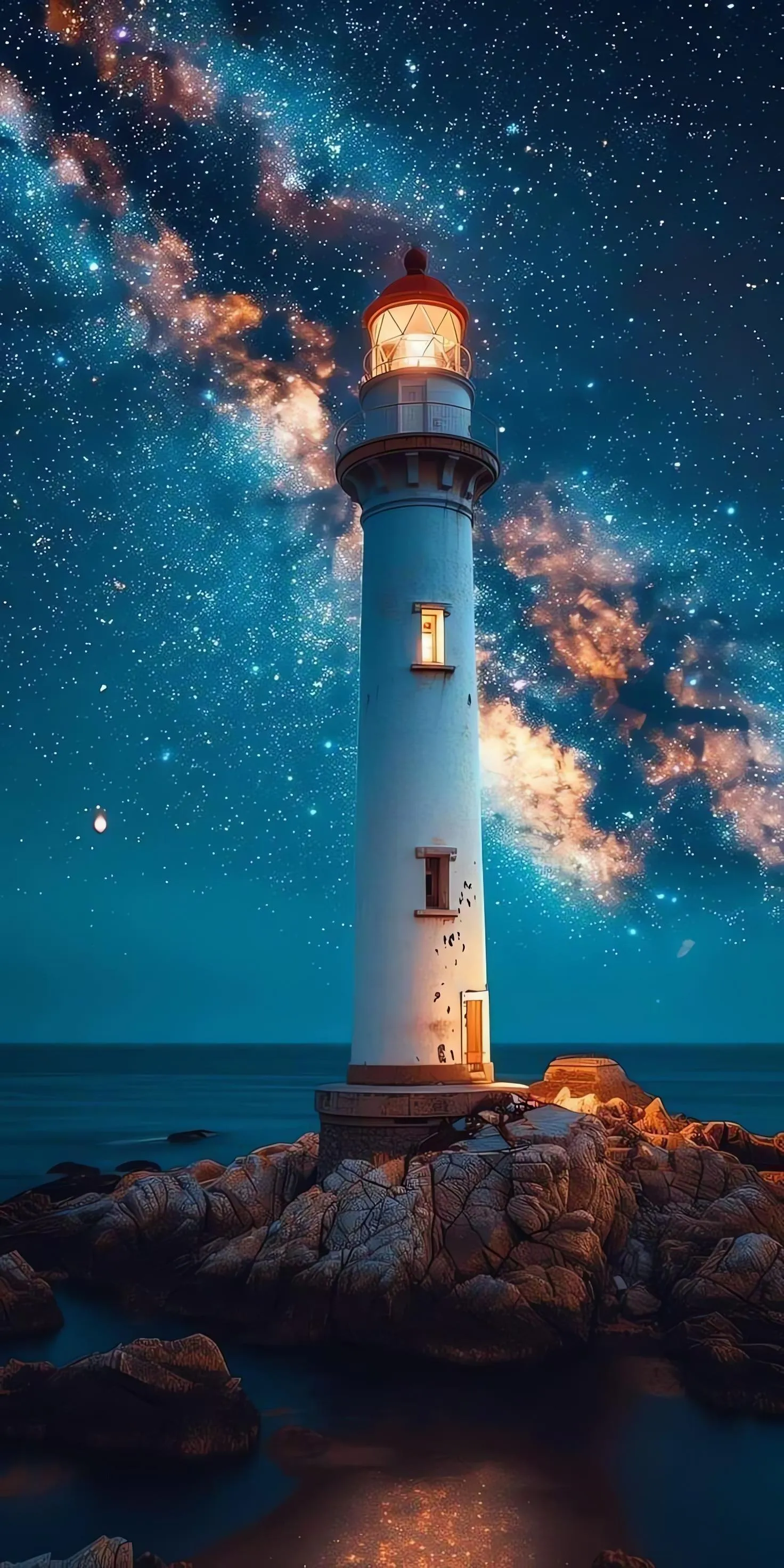 Lighthouse At Night Under Starry Sky and Milky Way Mobile