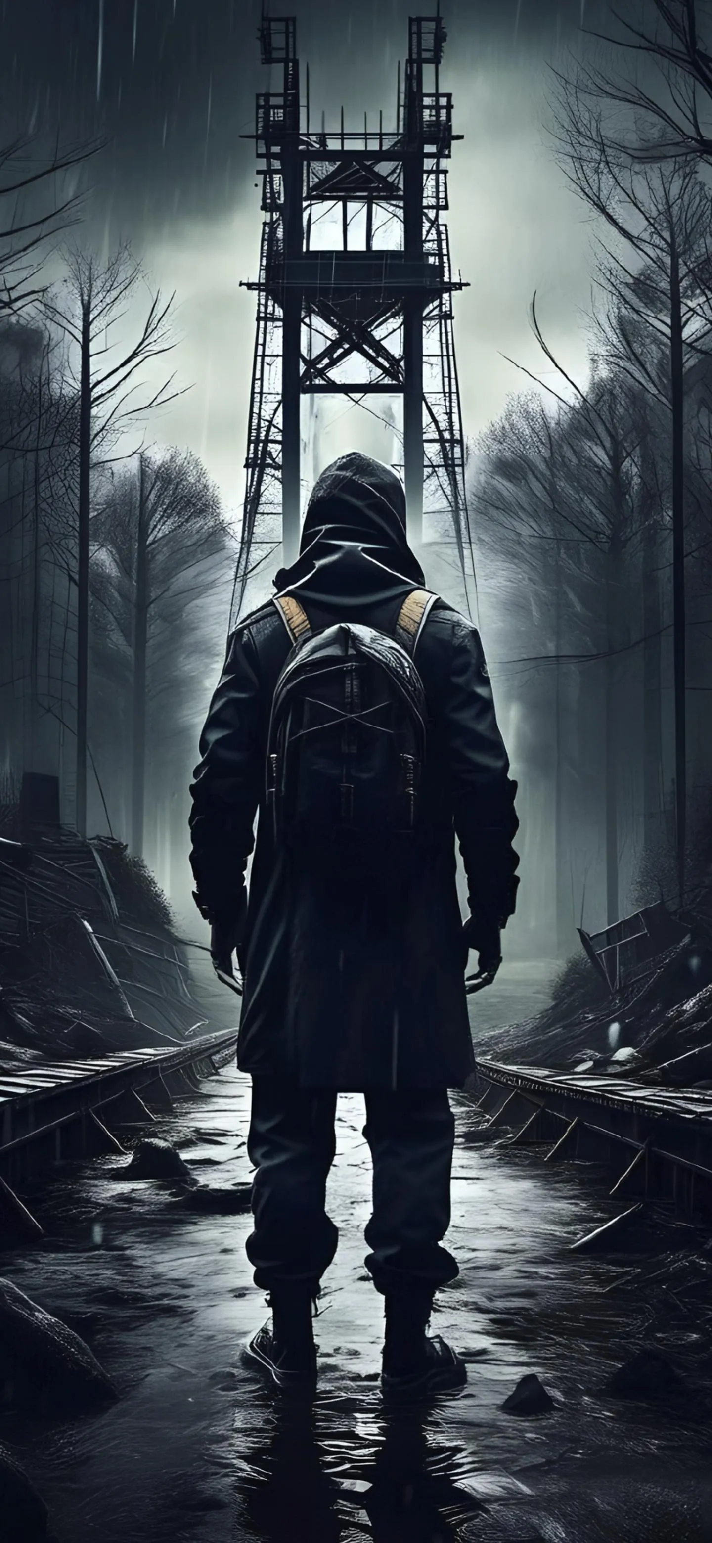 Lone Astronaut Exploring a Dark Futuristic World Wallpaper