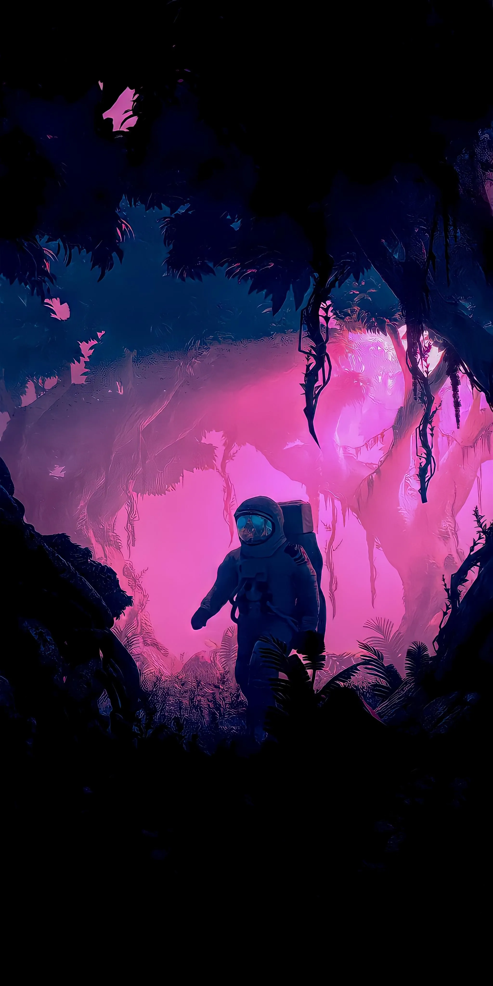 Lone Astronaut Silhouette with Cosmic Purple Sky Wallpaper