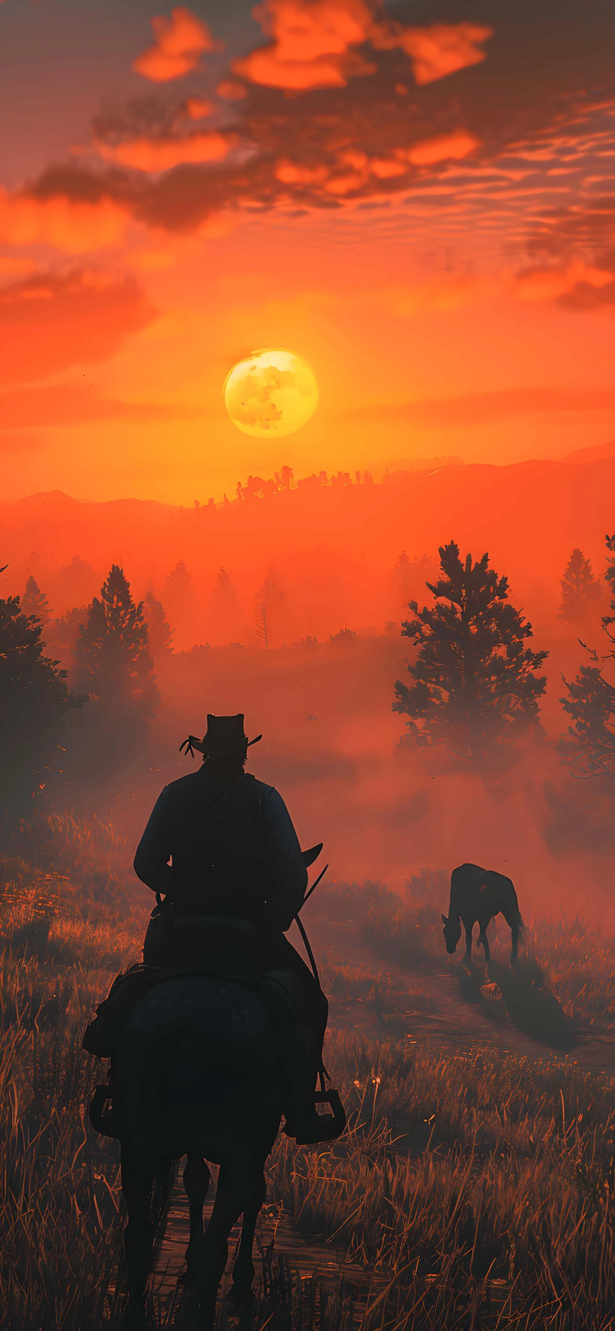 Lone Cowboy Riding Horse Into a Fiery Red Sunset Landscape