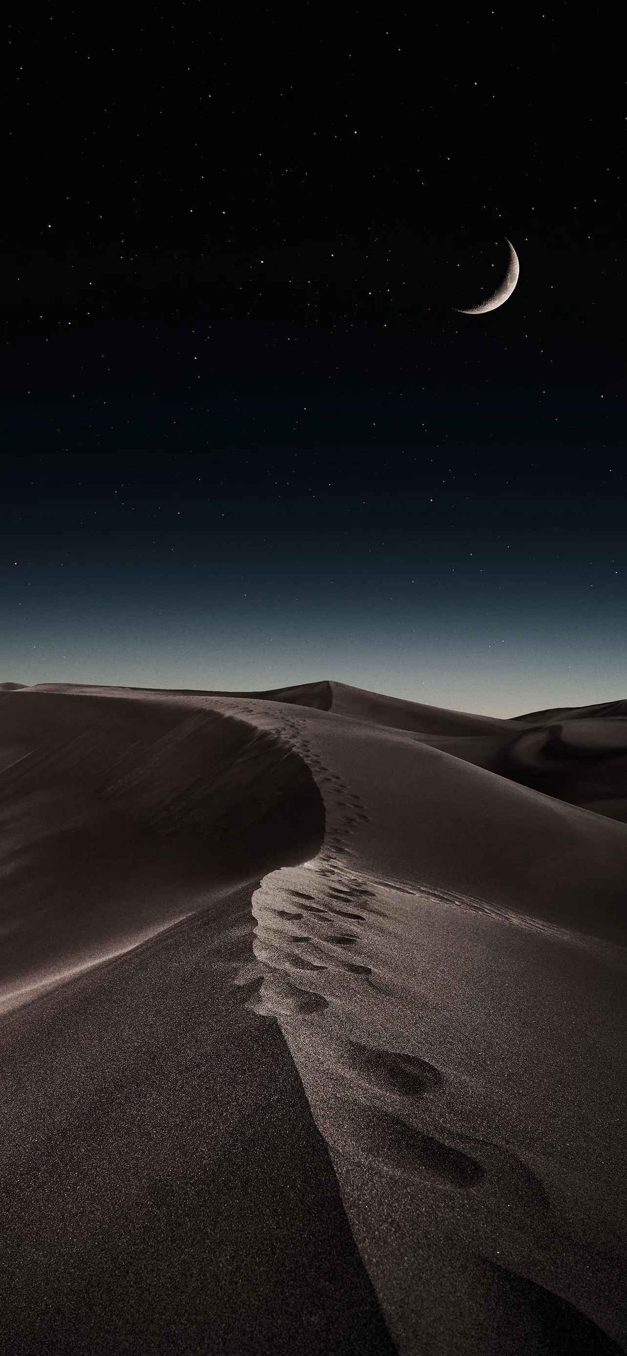 Lone Footprints Across Desert Dunes Beneath Crescent Moon