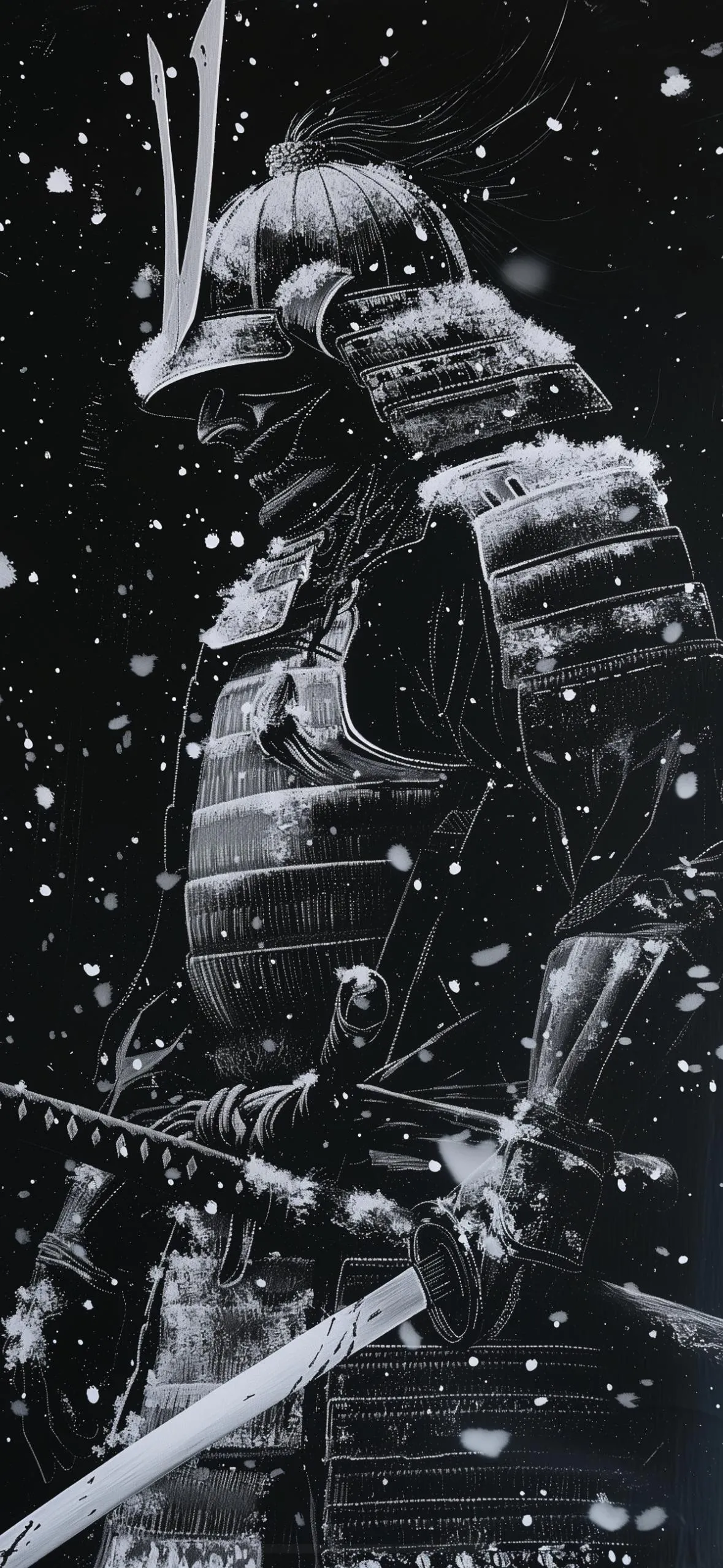 Lone Samurai Standing in Snowfall Wearing Ancient Armor