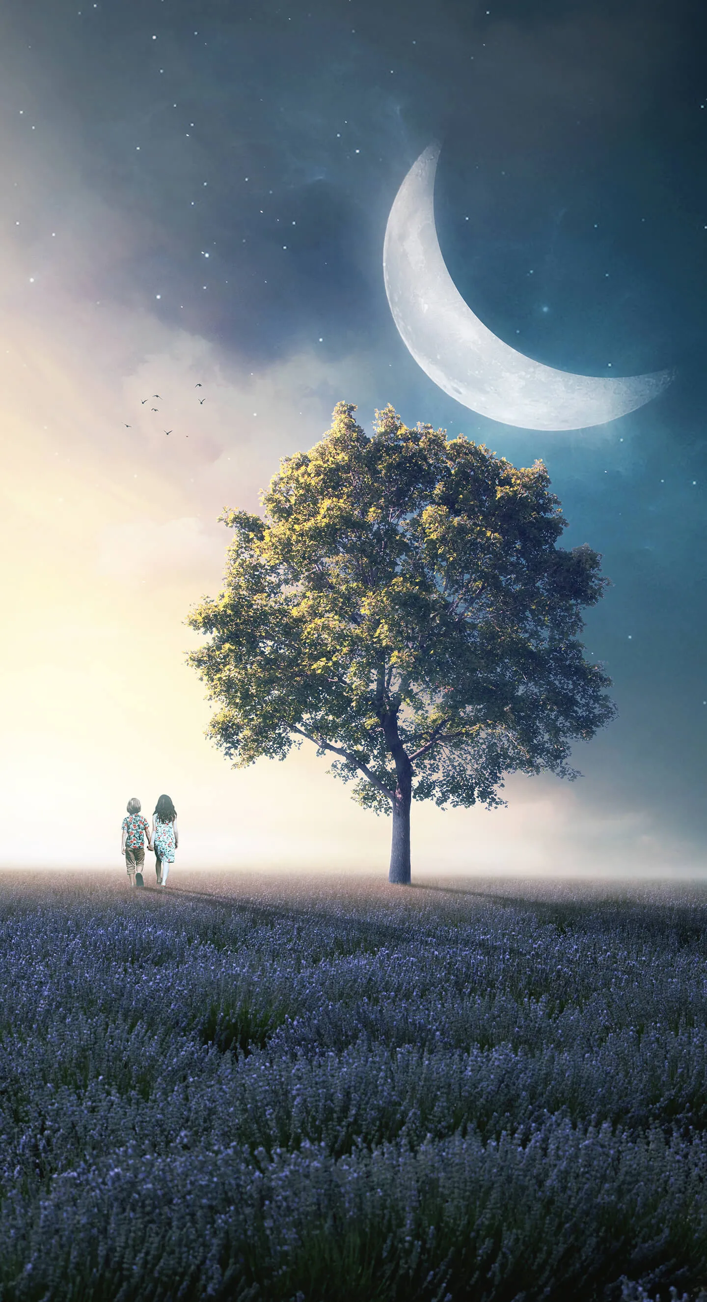 Lone Tree and Couple Under Crescent Moon in Field Wallpaper